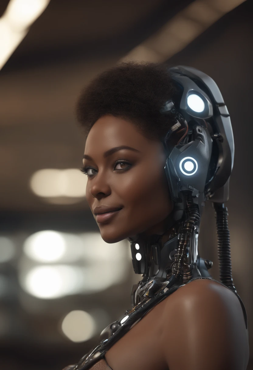 nousr robot, Mostre o corpo inteiro, Complex 3D Rendering Beautiful Android Female Face of Smiling Black Woman, Amicable, sorrir, (corpo inteiro), ciborgue, Robot Parts, 150mm, beautiful studio soft light, Luz Lim, Detalhe animado, cyberpunk de luxo, surreal, Anatomical, face muscles, fio do cabo, microchip, fundo elegante e bonito, octan render, 8k