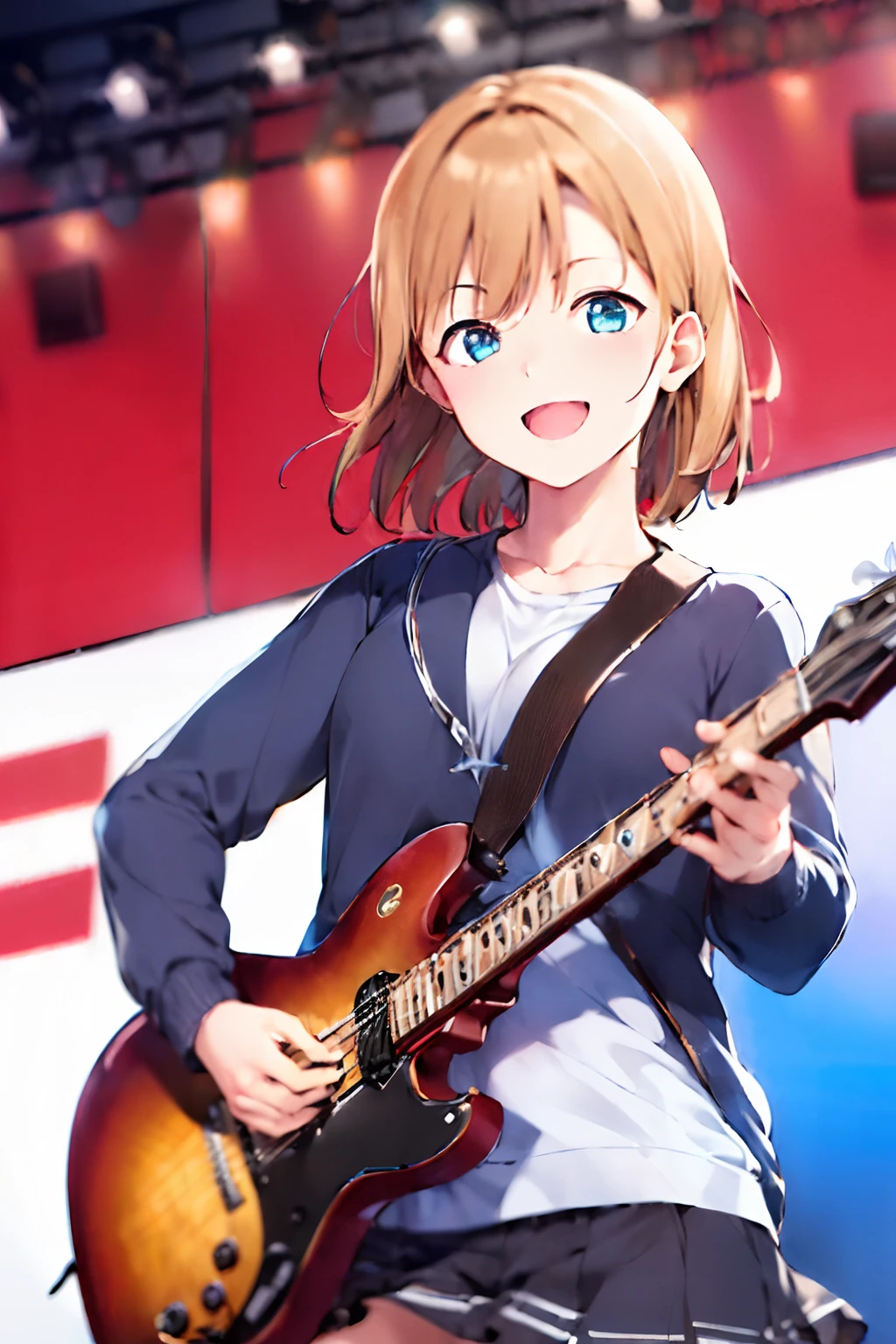 (girls' band:1.4), (dynamic angle), upper body, black guitar, amplifier, speaker, live stage, smile, Live festival, school, Shining Lighting