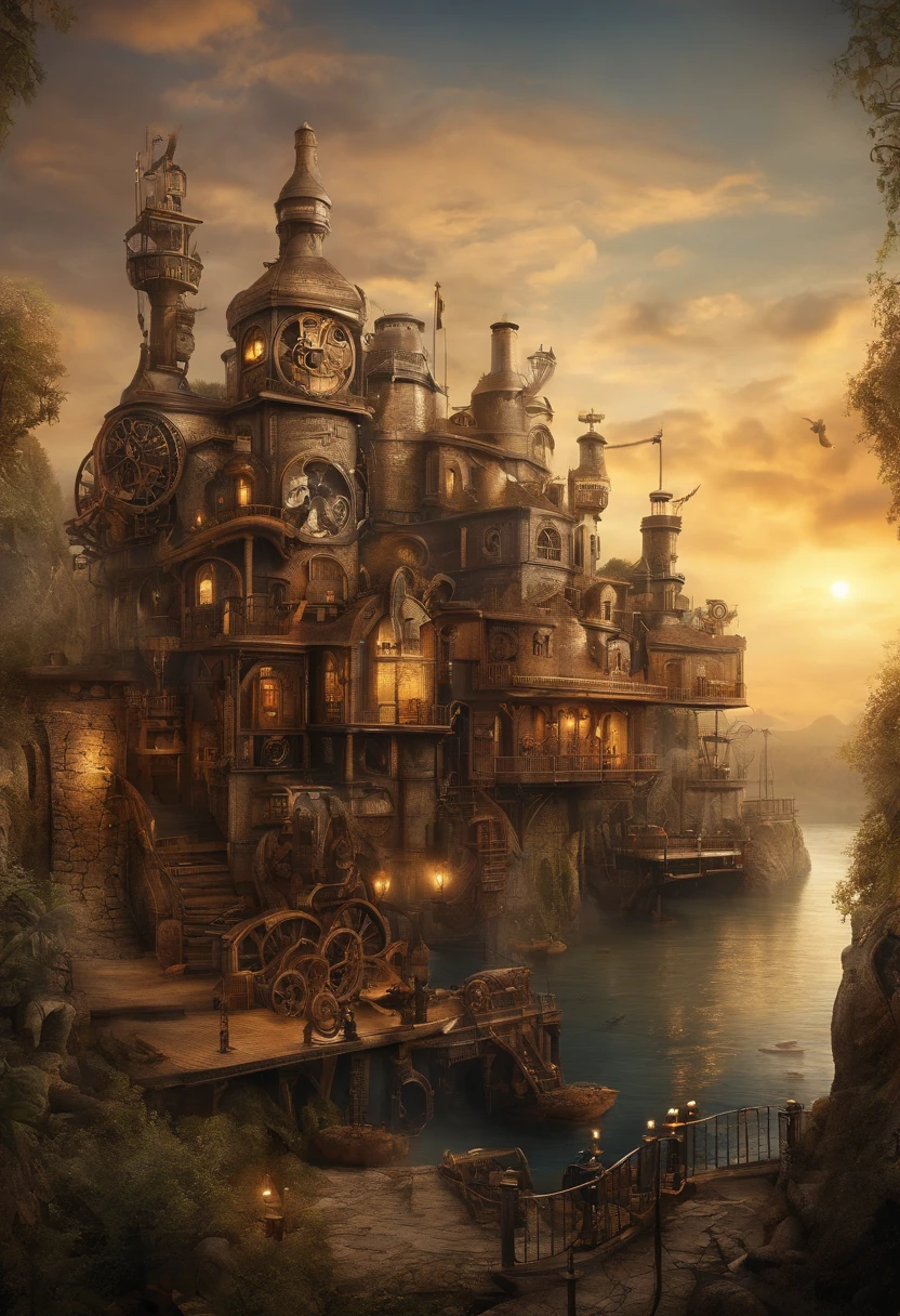 SciFi-Stadt umgeben von wasser, felsen meer sonnenaufgang uhd ultra realistisch, Detaillierte Beleuchtung,