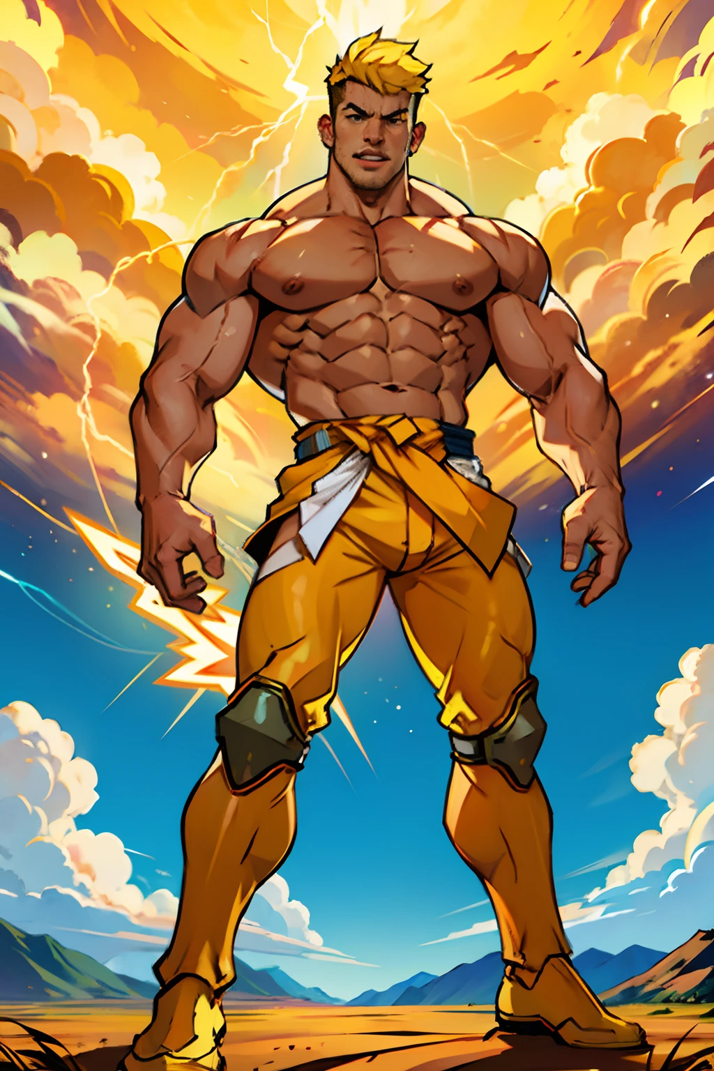 A muscular man standing in a power pose, legs apart, flexing biceps, background is big yellow cloud of explosive of energy with lightning, mood is exciting, vibrant climactic, daytime light, character design.