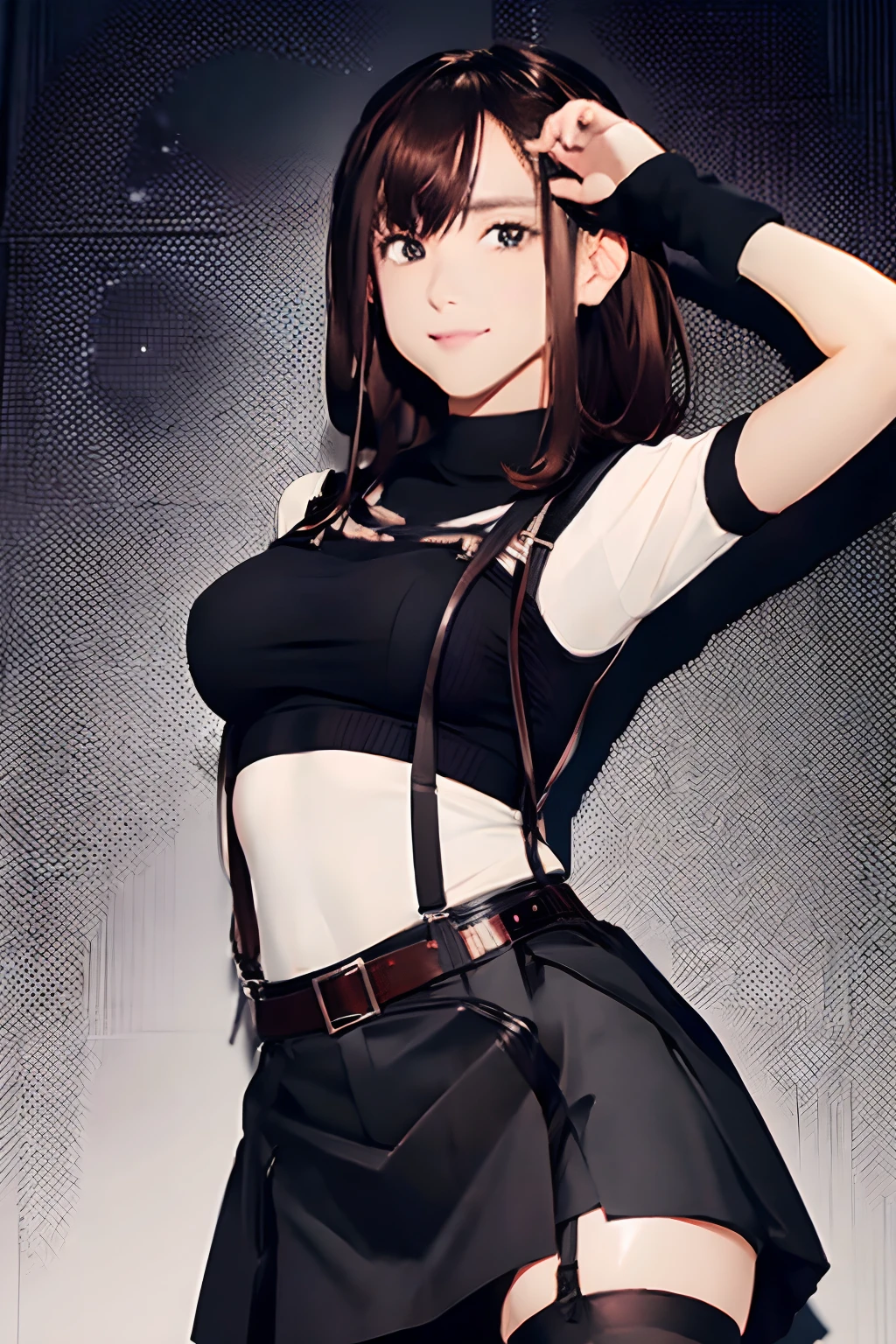 Black skirt, 　suspenders, Brown hair Gray eyes, Garter belt on the legs, Tight clothes, 　　 a belt　Armpit sweat　　Dark look　Moderately breasts　holster　Belt Chain　hair adornments　poneyTail