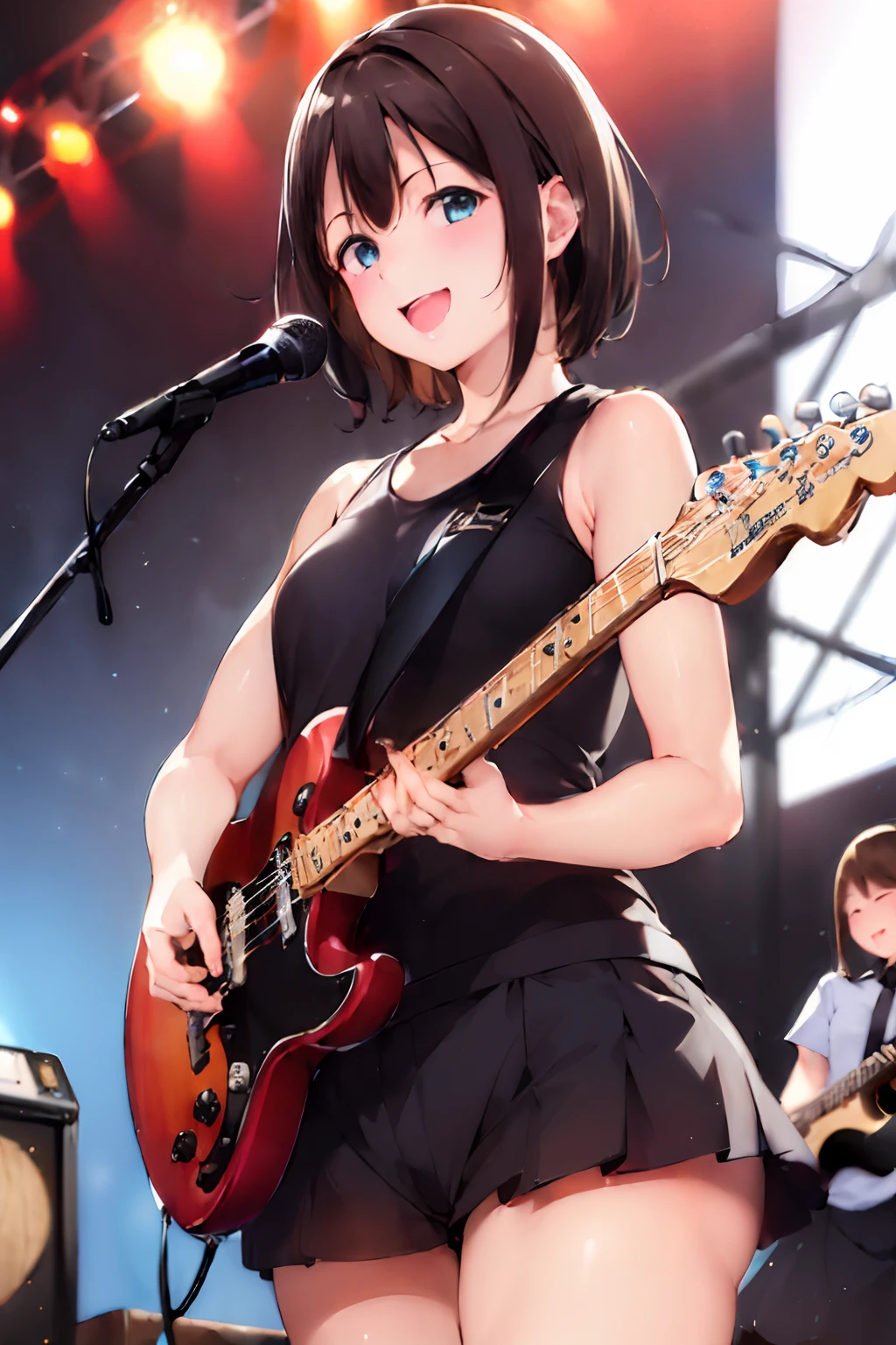 (girls' band:1.4), (dynamic angle), upper body, black guitar, amplifier, speaker, live stage, smile, Live festival, school, Shining Lighting