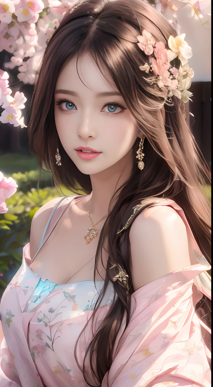 ((((highest quality))))、(((Ultra-precision CG16K wallpaper)))、(((masterpiece)))、(((Super detailed)))、(((Extreme detail)))、((１Mature 29 year old woman:1.6))、((Very beautiful Japanese faces))、((Zuo々Nozomi:1.5))、((Straight semi-long hair、blunt bangs:1.5))、(Shiny brown hair)、Beautiful delicate eyes、Brown Eyes、eyeliner、Eyeshadow、High nose、Small nostrils、Small Mouth、Seductive lips、Beautiful breasts、((C cup size breasts))、Cleavage、Beautiful feet、eight-headed body、Perfect proportions、Perfect Anatomy、Perfect composition、Beautiful detailed shading、Beautiful, natural lighting、Beautiful detail glow、Depth of written boundary、(((High chroma)))、(((Real:1.9)))、((vivid:1.5))、((Beautiful Skin))、((Skin Texture))、((Realな皮膚感))、(((Bust Shot:1.6)))、((front view、shoot from front、Front low angle:1.6))、(((Shy face:1.6)))、((The woman is looking at this、looking at viewer、Facing forward:1.6))、Bright daylight、Natural light、(((background_Foliage plant:1.5)))、(Walking Pose:1.6)、(((Pink off-shoulder lace knit dress:1.6)))、((Headband、Earrings、Wearing a necklace:1.5))、