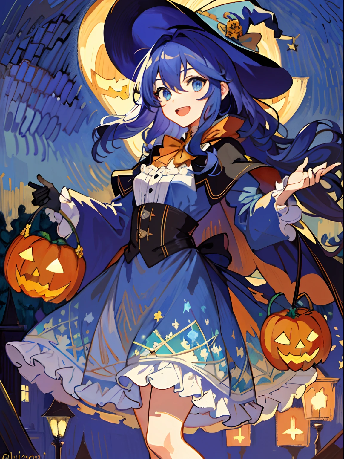 ((masterpiece:1.2, best quality)), 1girl, solo, (witch hat), a close up of a girl with curly hair, dress, aurora, night, star (sky), gloves, sky, dress, night sky, open mouth, starry sky, light blue eyes, ribbons, smile, cape, colorful hair, magic, casting spell, night, (impressionism:1.4), alphonse mucha, Halloween colors, colorful candy, magical lights, pumpkins, candies