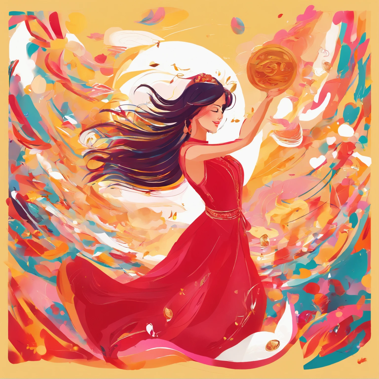 a girl in red dress,Focus on catching coins falling from the sky,She bathes in love and wealth,The expression is happy and satisfied。The main color of the picture is red、in pink、golden colored、amarelo