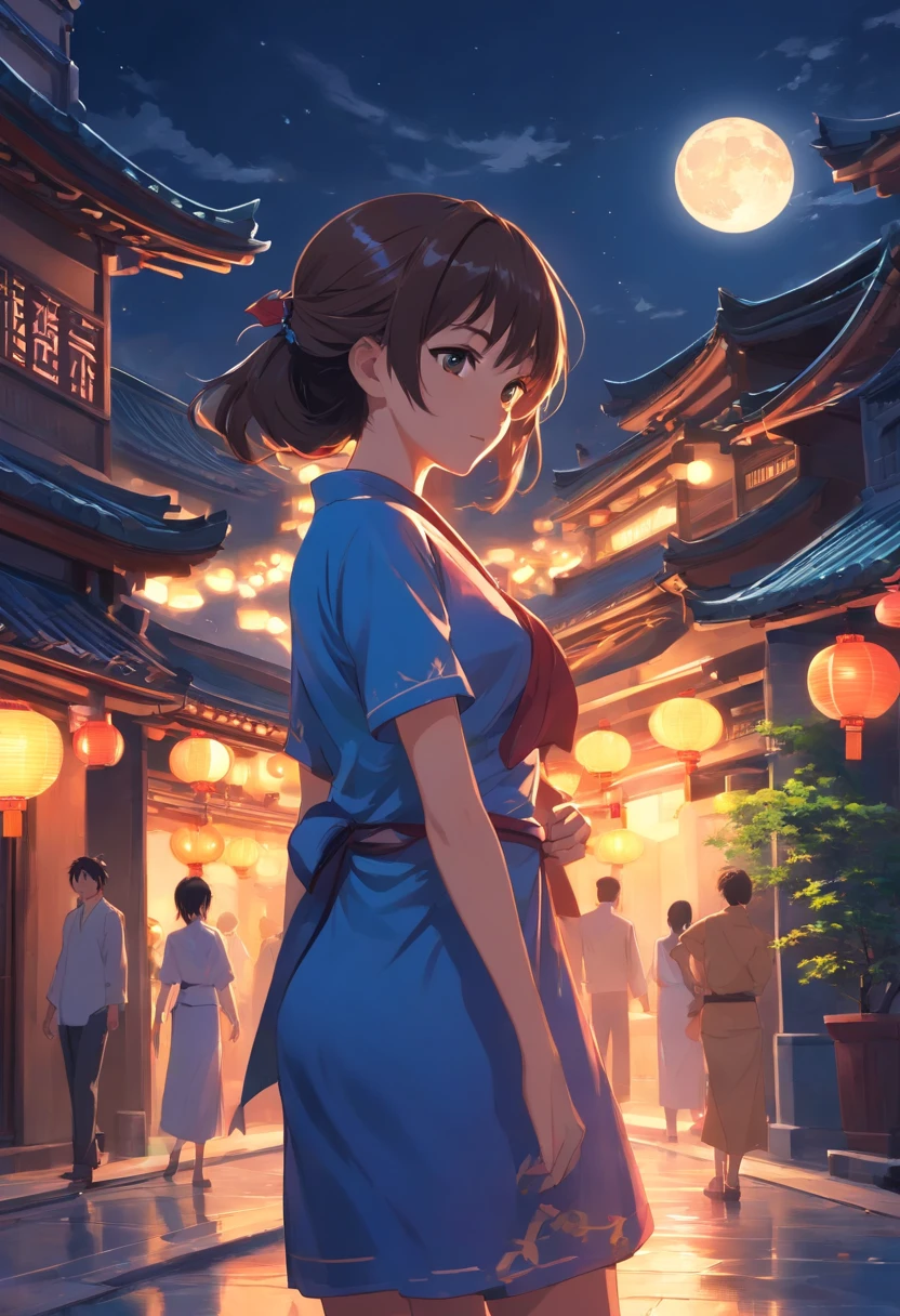 Long hair，the night，full moon，Less silver，Outside a group of Chinese buildings, Hug with a cheongsam，,reasonable design, high detal, Masterpiece, Best quality, hyper HD,