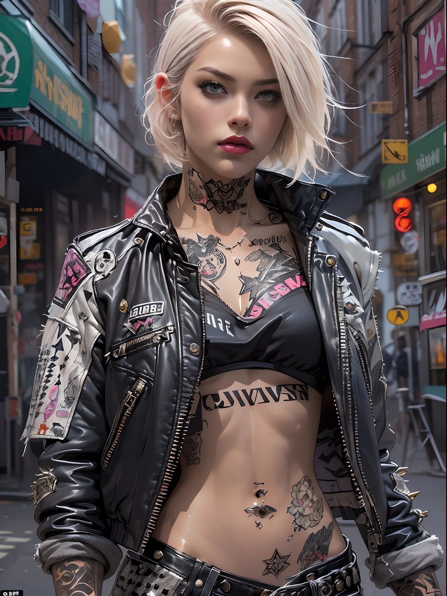 (((of the highest quality: 1.4))),(unparalleled masterpiece ever), (Ultra high definition),(Ultra-realistic 8K CG), offcial art、 (((adult body))), (((1girl in))), ((( Bob Shorthair ))), Punk girl with a perfect body, Jacket with metal spines,Beautiful and well-groomed face,,Detailed punk fashion,leather jackets, (Image from head to thigh),(( White Blonde Bob Shorthair )), Small leather panties, Simon Bisley's urban savage style,Detailed street background of London,Clean abs, Complex graphics, dark pink with white stars and gray and white stripes,, (( Many poisonous tattoos )), piercings,