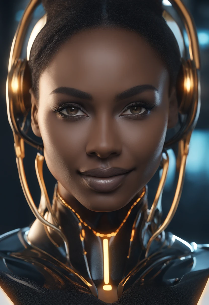 nousr robot, Mostre o corpo inteiro, de frente, olhando para frente, Complex 3D Rendering Beautiful Android Female Face of Smiling Black Woman, Amicable, sorrir, (corpo inteiro), ciborgue, Robot Parts, 150mm, beautiful studio soft light, Luz Lim, Detalhe animado, cyberpunk de luxo, surreal, Anatomical, face muscles, fio do cabo, microchip, fundo elegante e bonito, octan render, 8k