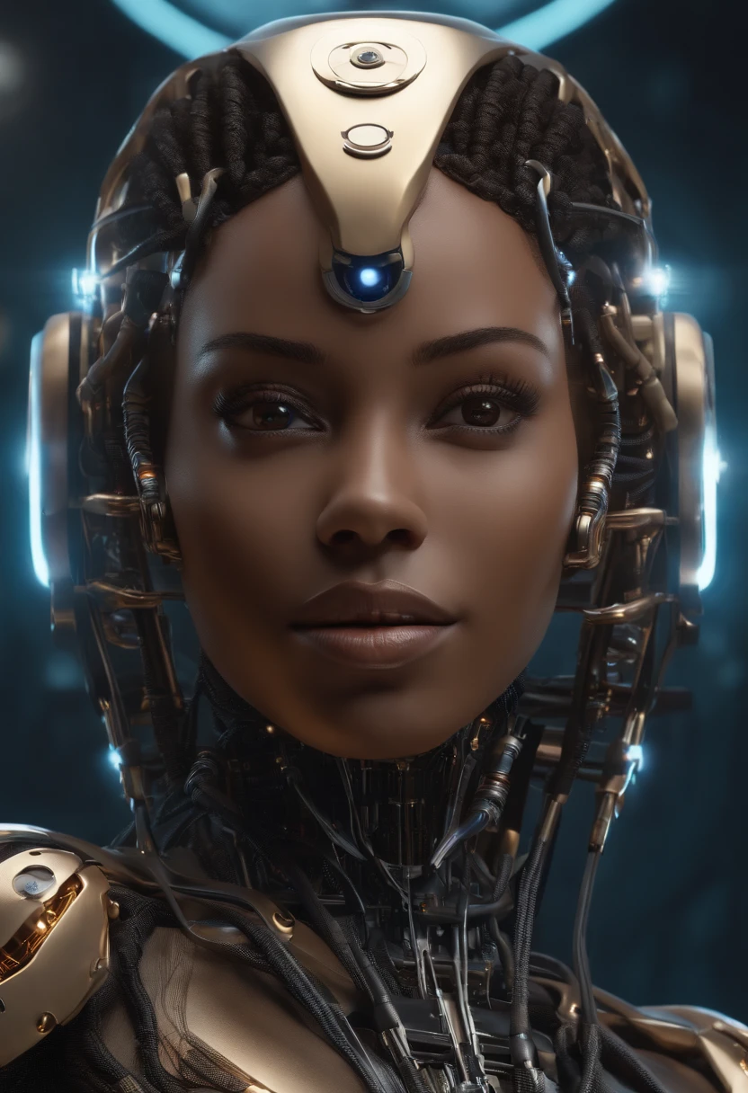 nousr robot, Mostre o corpo inteiro, de frente, olhando para frente, Complex 3D Rendering Beautiful Android Female Face of Smiling Black Woman, Amicable, sorrir, (corpo inteiro), ciborgue, Robot Parts, 150mm, beautiful studio soft light, Luz Lim, Detalhe animado, cyberpunk de luxo, surreal, Anatomical, face muscles, fio do cabo, microchip, fundo elegante e bonito, octan render, 8k