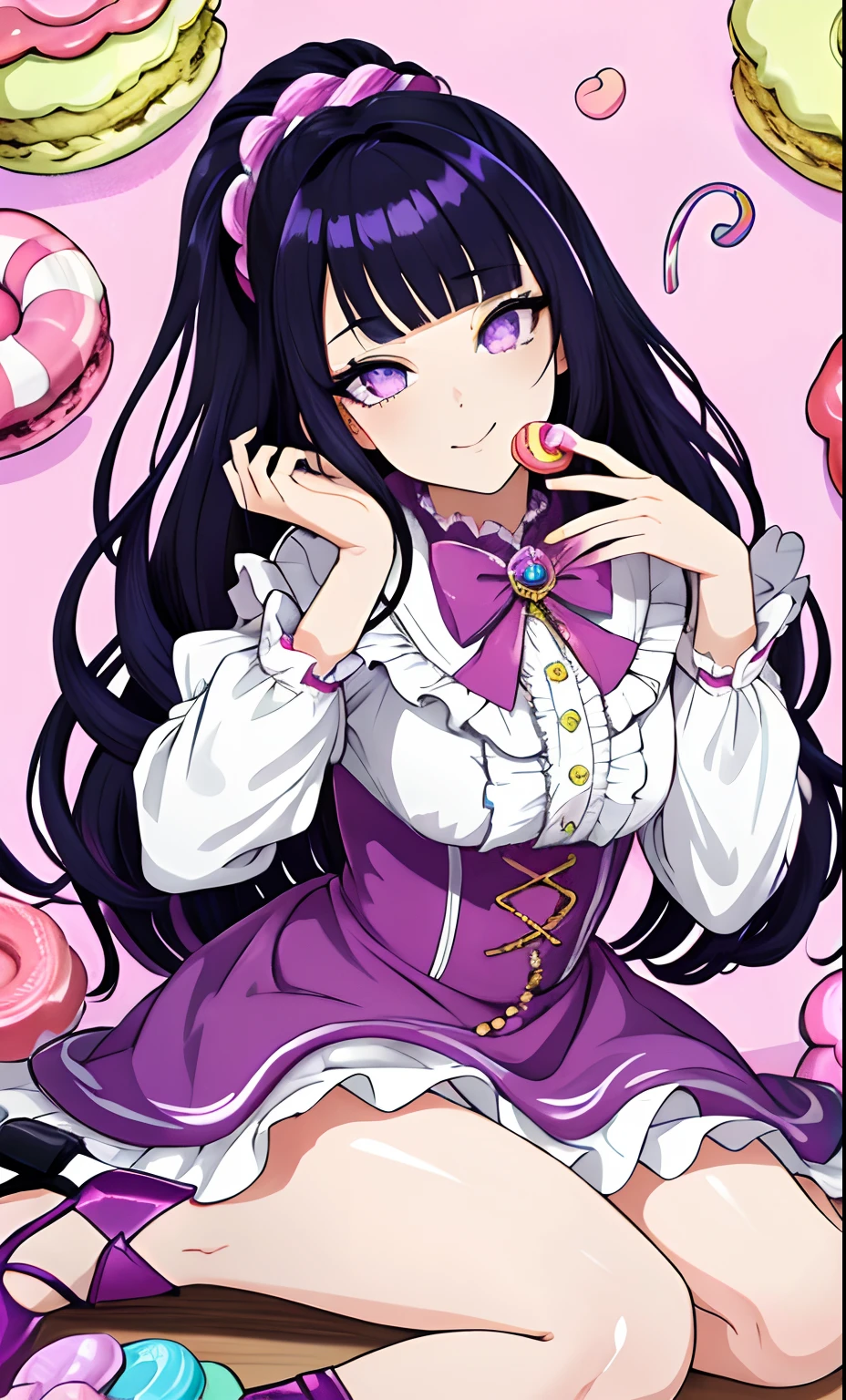 (Masterpiece, best quality:1.3), highly detailed, fantasy, 8k, candyland, dynamic,solo, 2d, faux traditional media, illustration, candy print, upper teeth, updo, curls, pose,  full body, beautiful woman, head tilt, sitting, in container, long hair, curls, looking at viewer, naughty face,  (detailed eyes, detailed face), (candy clothing:1.1), frilled skirt, center frills, heels, (shiny),  (details), perfect, beautiful, dreamy, heart, colorful, vivid, cinematic, pinup:0.2, ultra-detailed, full background, [hyperrealistic:0.2], perfect hands, fantasy, (depth of field),  rainbow, syrup, cookie, macaron, chocolate bar, glitter, scenery, ((no humans)), drizzle, beautiful, (shiny:1.2), various colors, extremely detailed, (gradients), dripping, (glaze), bloom:0.2, shadow, ((food focus)), focus face, sharp focus, beads,Blunt Bangs, purple eyes, long dark blue hair