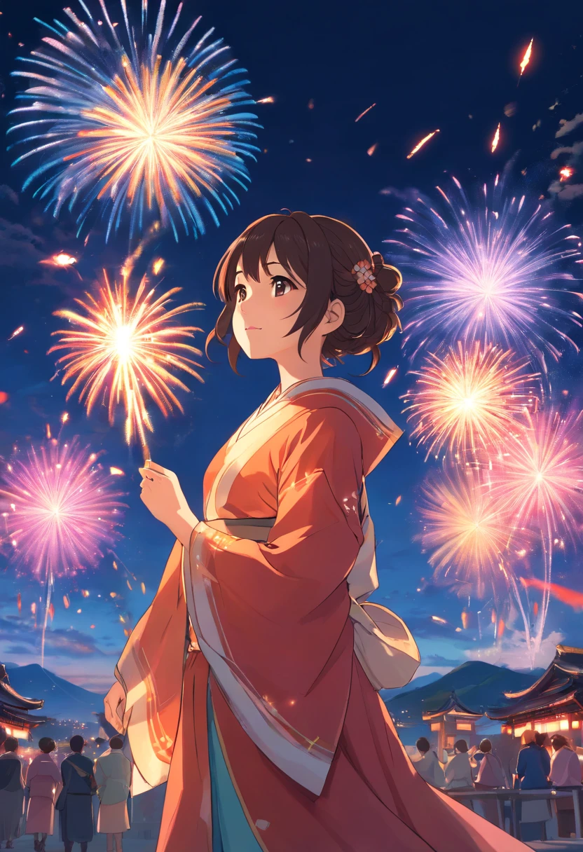 fire works,Absolutely beautiful girl,laughingly,Hanfu,Vista lanterns