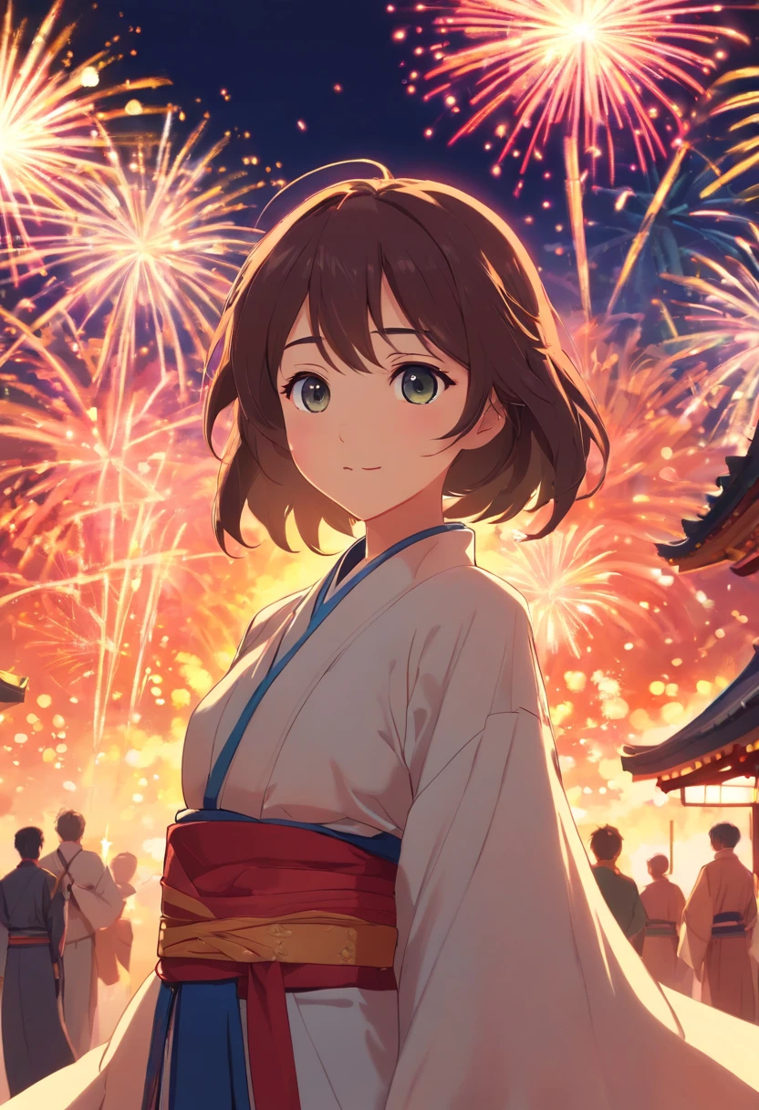 fire works，Absolutely beautiful girl，laughingly，Hanfu，Vista lanterns