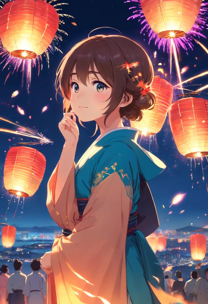 fire works，Absolutely beautiful girl，laughingly，Hanfu，Vista lanterns