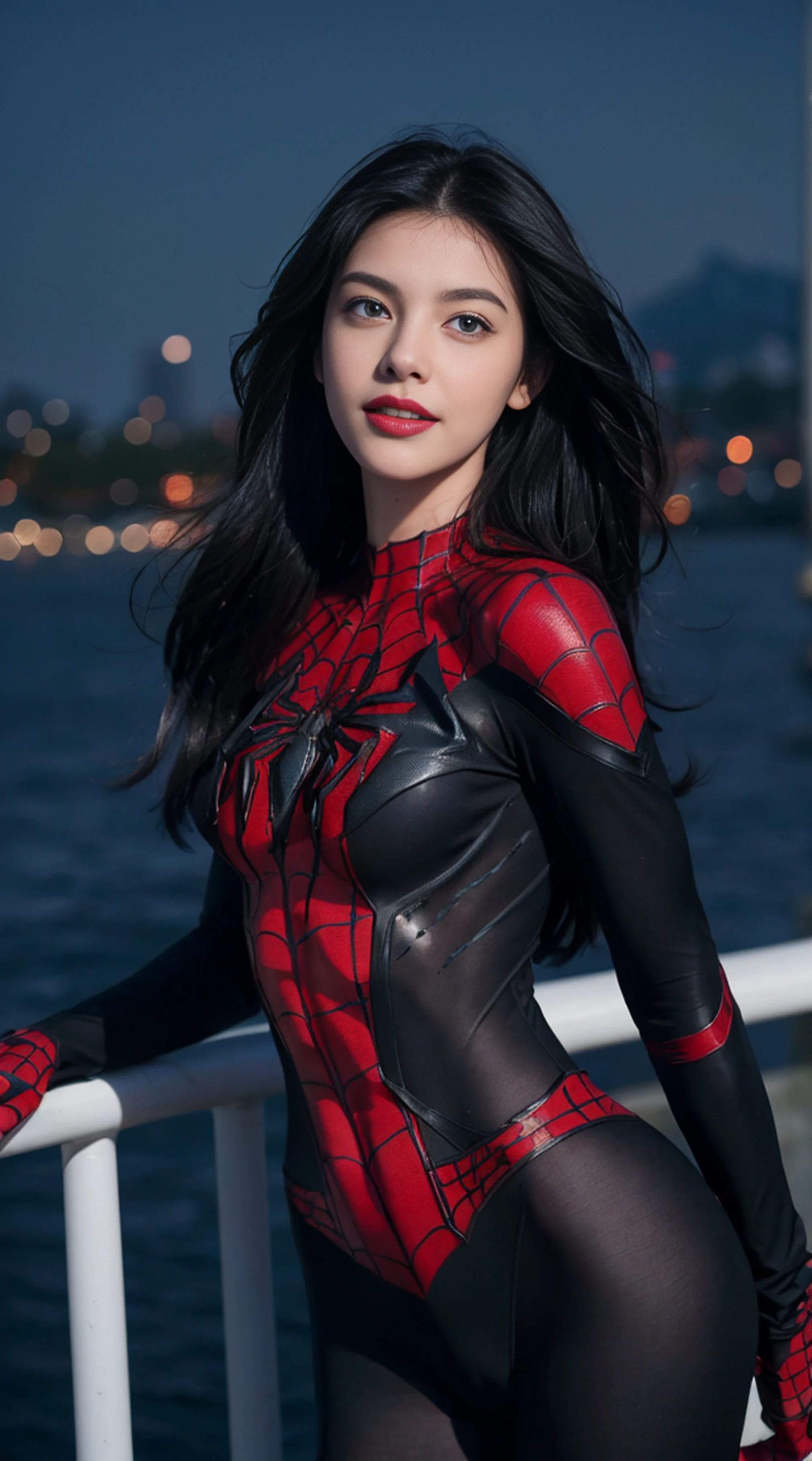 8K, Top Quality, Intricate Details, Ultra Detail, Ultra High Resolution, Masterpiece, random angle,  Slender, Smile, (Makeup: 0.4), (Fluffy Blue Eyes: 1.21), blue Eyes, looking at viewer, ((full body)), 1girl, solo, 1 girl, (( full body)),  close-up shot, standing   , ((tall)), (((fit body))), (((slim face))), sharp face, sharp eyes, (((black hair, long hair, ))  (detailed face), sharp face, small lips, 
 ((spiderman suit)),  detailed face, detailed breast, , large breast, detail ass, , Beautiful girl with accentuated slender abs: 1.4, Six Pack Abs: 1.4, Bust Botox, Big, Perfect Body, detail leg, (( moonlight)), top of mountain