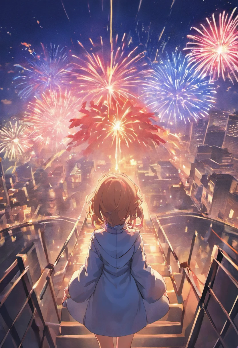 "(((a beautiful woman))), soio, masuter piece, Best quality, Elegant anime style, Outdoor bathrobes, Spectacular fireworks, Star mine with lots of fireworks, Distant shots, posterior view, Night scene, Shy smile, Bokeh effect and depth of field, High-key lights"