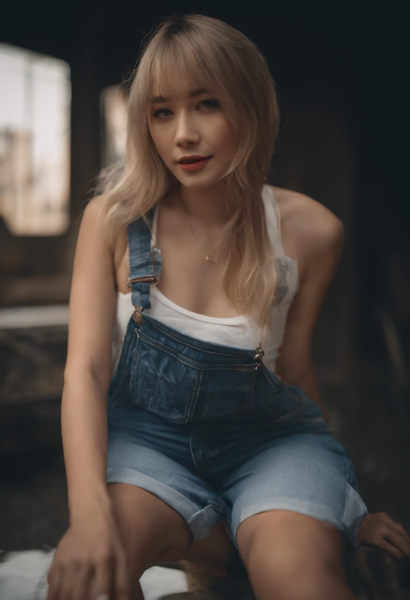 Real Photographics，Hyper-realistic，Ultra photo realsisim，super-fine，Genki girl，adolable，Close your eyes，ssmile，long whitr hair，Qi bangs，denim pant，athletic sneakers，rays of sunshine