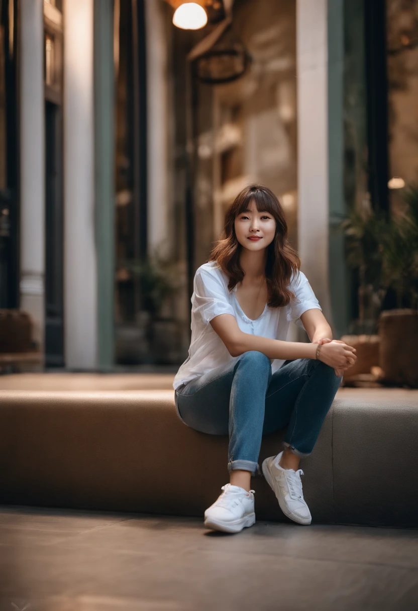 Real Photographics，Hyper-realistic，Ultra photo realsisim，super-fine，Genki girl，adolable，Close your eyes，ssmile，long whitr hair，Qi bangs，denim pant，athletic sneakers，rays of sunshine