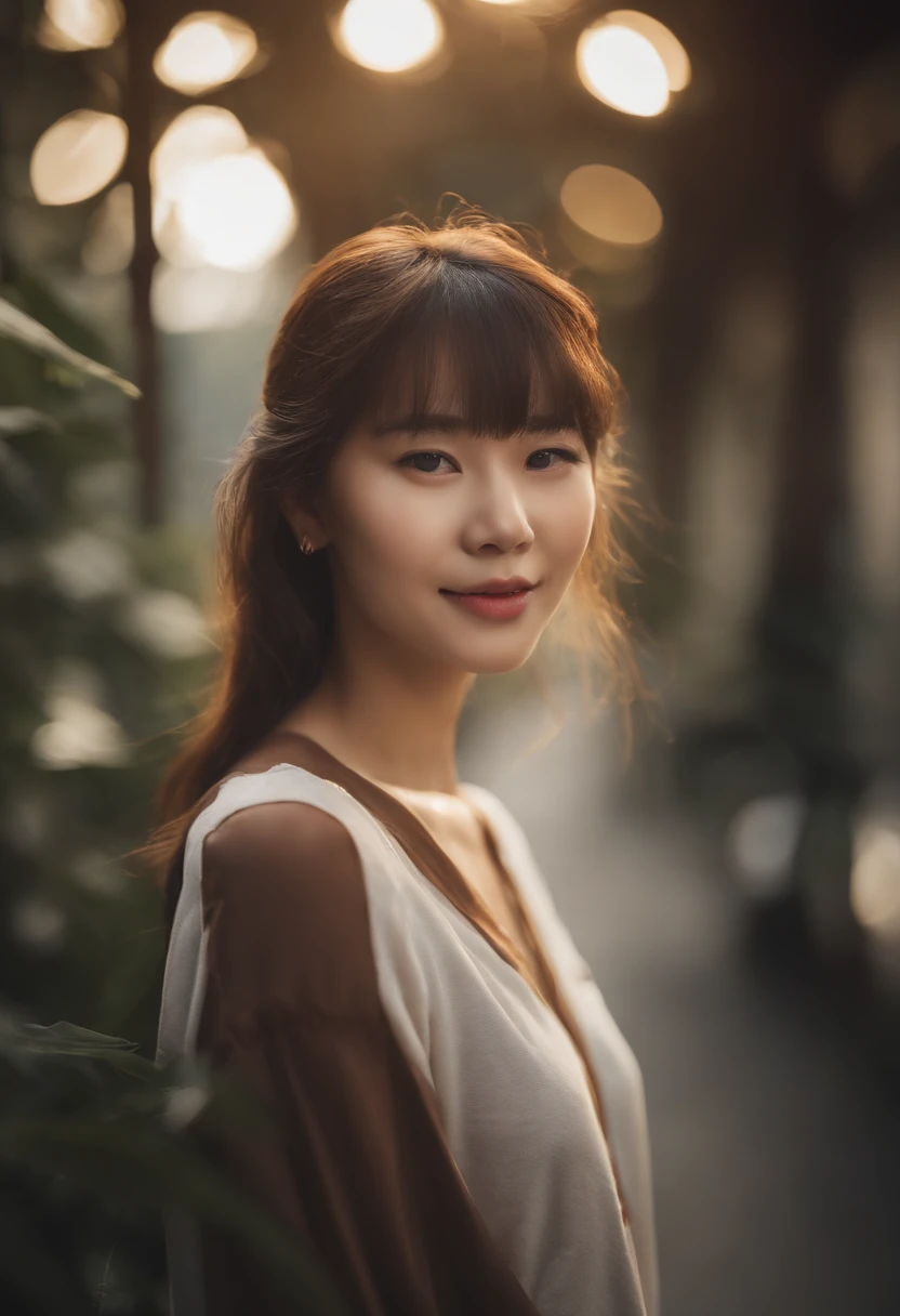 Real Photographics，Hyper-realistic，Ultra photo realsisim，super-fine，Genki girl，adolable，Close your eyes，ssmile，long whitr hair，Qi bangs，denim pant，athletic sneakers，rays of sunshine