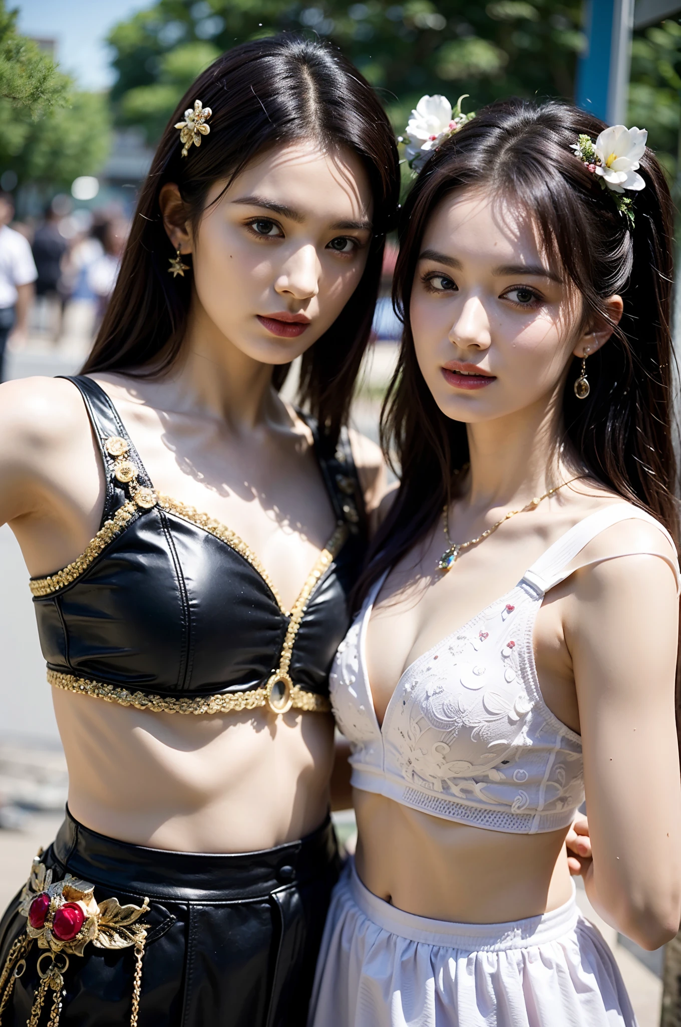 primitive,, (((Two girls,duo,caressing the))),Nikon Z 85mm, award-winning glamorous photography,((Best quality)), ((Masterpiece)), ((Realistic)), 18th century, Vintage image, Beautiful French woman wears, Lace dress, Wearing a crown, 25 years, (Long brown hair), Brown eyes, (Large breasts),(Alebriès Art Style), sitting outside a café in Paris, Dream castle in the background, small, ((Small breasts)), Innocent, Flower pedal in the air, ((freckle)), Intricate details, Highly detailed, Sharp focus, professional, 4K, spring flowers blooming, divine rays, Hand model, stunning blue eyes, small, Delicate, Innocent, high resolution, Detailed facial features, High detail, Sharp focus, smooth, Aesthetic, Extremely detailed, photore_\(Supergianthugebreasts\), Photorealistic, Realistic, Post-processing, Maximum detail, Roughness, Real life, Ultra photo realsisim, Photorealism, Photography, 8K UHD, Photography, light SEMI-SILHOUETTE, russian face