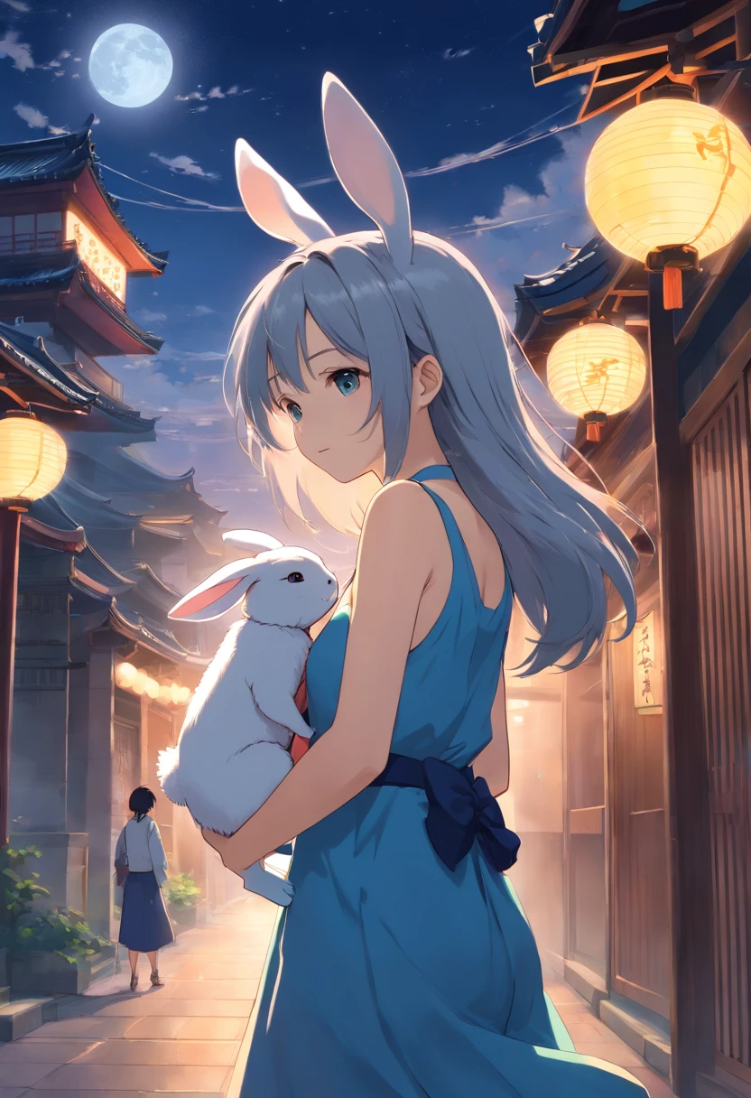 Long hair,the night,full moon,Silver-haired rabbit-eared girl holding a small rabbit hairpin in one hand,Outside a group of Chinese buildings, Hug with a cheongsam,A little bunny wearing a scalloped bow hairpin,unreal render,reasonable design, high detal, Masterpiece, Best quality, hyper HD,