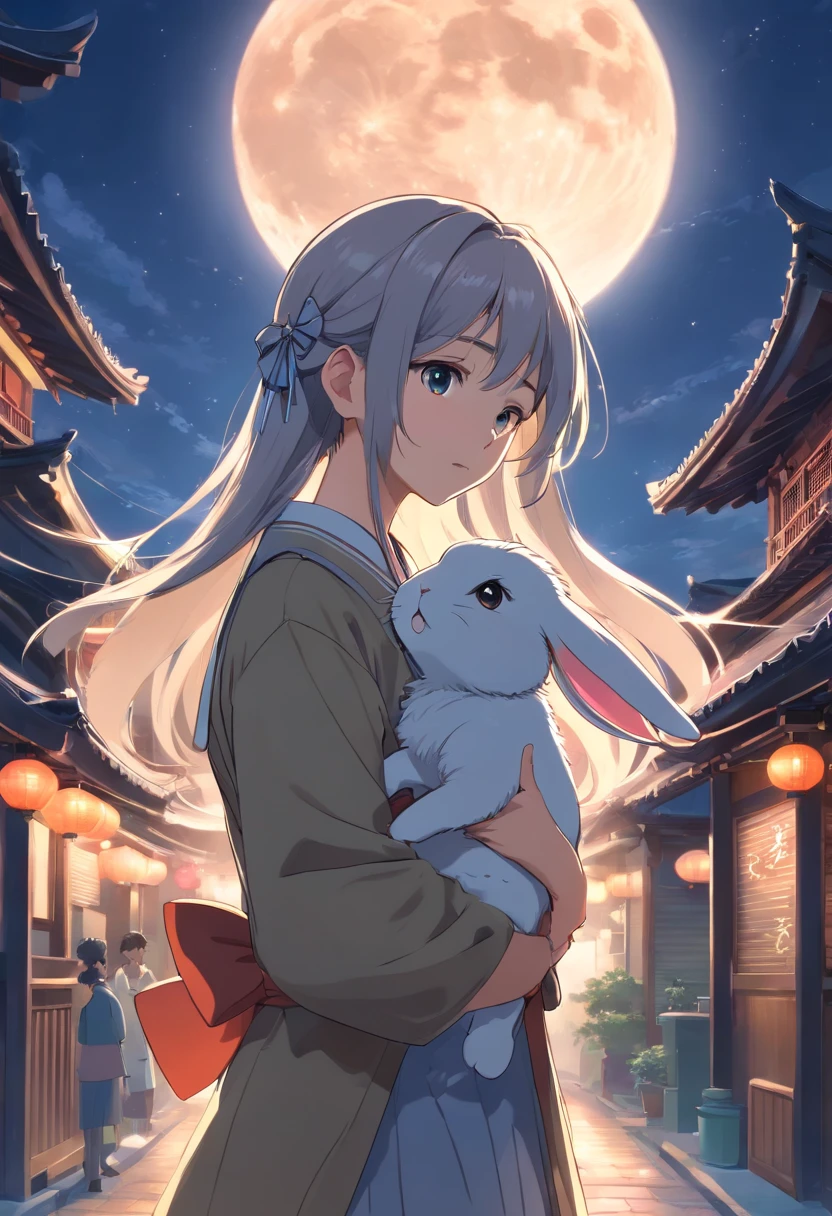 Long hair，the night，full moon，Silver-haired rabbit-eared girl holding a small rabbit hairpin in one hand，Outside a group of Chinese buildings, Hug with a cheongsam，A little bunny wearing a scalloped bow hairpin，unreal render,reasonable design, high detal, Masterpiece, Best quality, hyper HD,