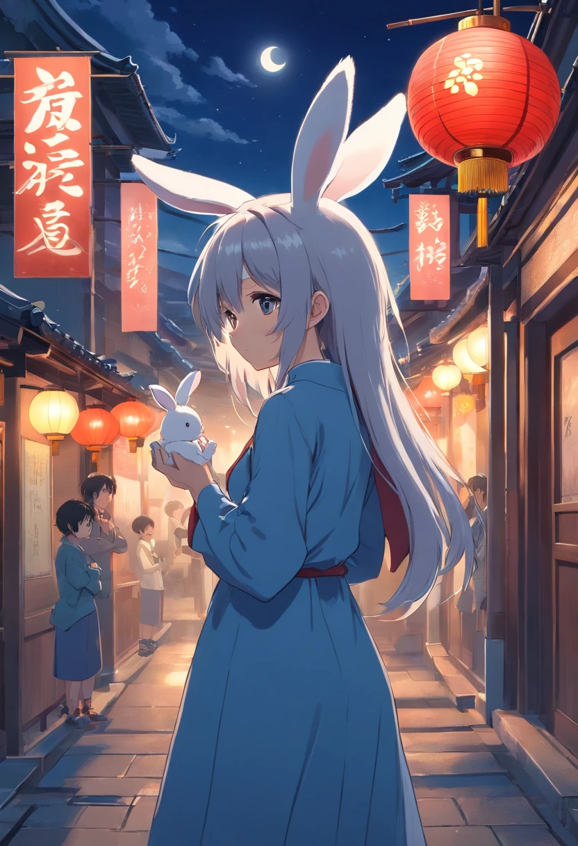 Long hair，the night，full moon，Silver-haired rabbit-eared girl holding a small rabbit hairpin in one hand，Outside a group of Chinese buildings, Hug with a cheongsam，A little bunny wearing a scalloped bow hairpin，unreal render,reasonable design, high detal, Masterpiece, Best quality, hyper HD,