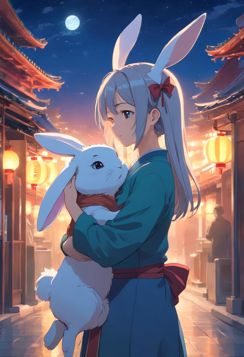 Long hair,the night,full moon,Silver-haired rabbit-eared girl holding a small rabbit hairpin in one hand,Outside a group of Chinese buildings, Hug with a cheongsam,A little bunny wearing a scalloped bow hairpin,unreal render,reasonable design, high detal, Masterpiece, Best quality, hyper HD,