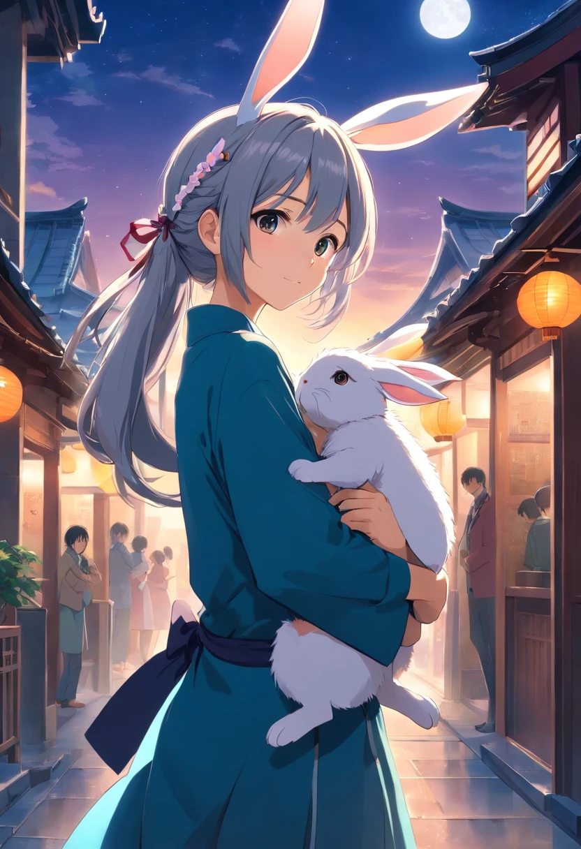 Long hair,the night,full moon,Silver-haired rabbit-eared girl holding a small rabbit hairpin in one hand,Outside a group of Chinese buildings, Hug with a cheongsam,A little bunny wearing a scalloped bow hairpin,unreal render,reasonable design, high detal, Masterpiece, Best quality, hyper HD,