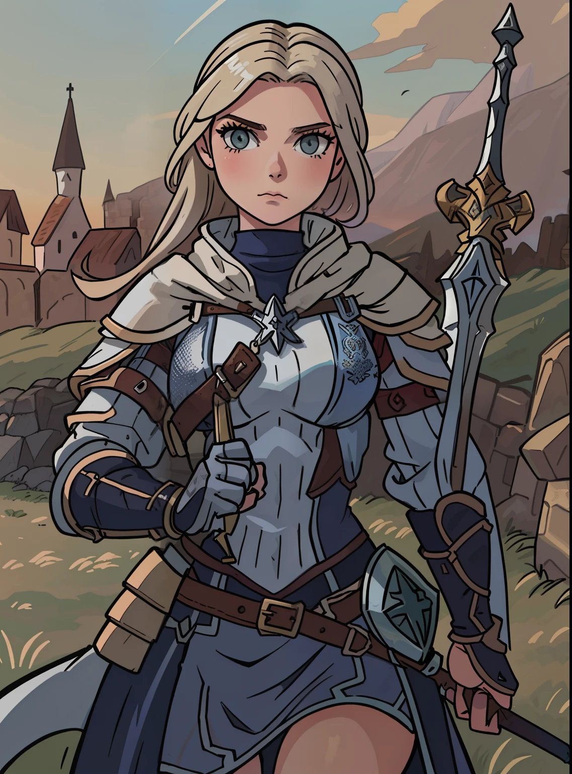 um close up de uma mulher em uma corrente segurando uma espada, como um personagem de fantasia medieval, Eliseu Cuthbert como um Paladino, coberto em armadura de couro completo, em armadura de couro, Eliseu Cuthbert como um D&D Paladino, cavaleiro feminino, Elisha Cuthbert como um guerreiro de RPG, usando armadura de couro cravejada, de uma bela cavaleiro feminina