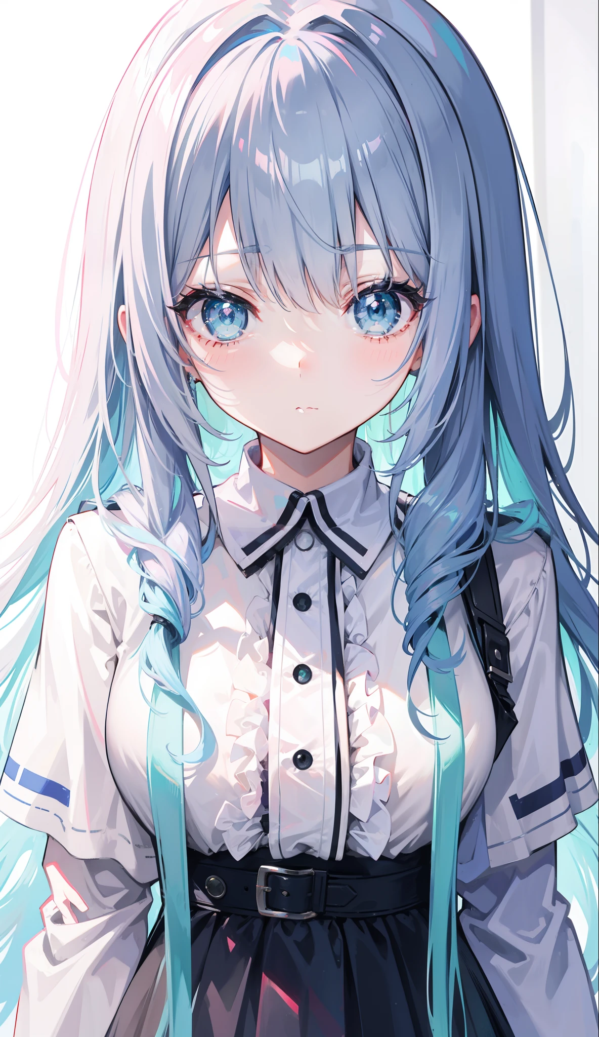 Gray-pink bangs，Blue-green eyes，It's a cute girl