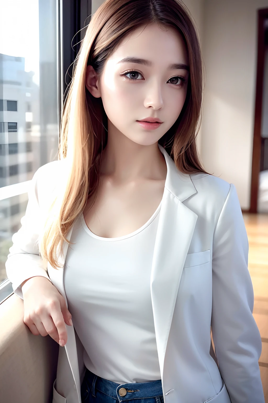 best quality, white skin, real human skin, (detailed fac), oval face, pores, ultra high res, (8k, RAW photo, photorealistic:1.4), 1girl, slim, (looking at viewer with a serene and goddess-like happiness:1.2), ( lipgloss, eyelashes, gloss-face, best quality, ultra highres, Broad lighting, natural shading), oversized jacket, fashion shirt, cityscape,