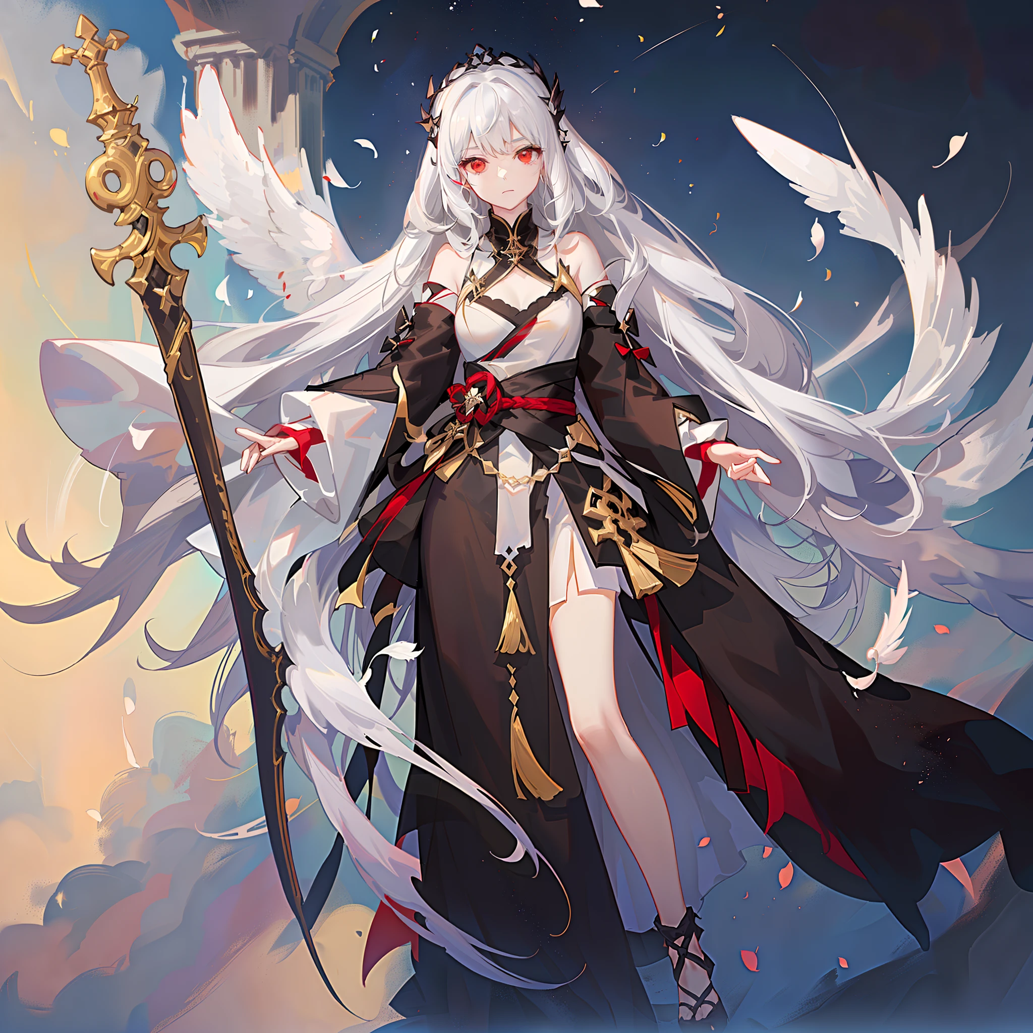 Black and white winged angel,Long pale yellow hair to the waist,Long flowing hair,Dark red eyes,long sword。The eyes are deep and bright,It's like two stars,Reveal firmness and wisdom,She wore a black and white robe,The sleeves are slightly fluttering in the wind