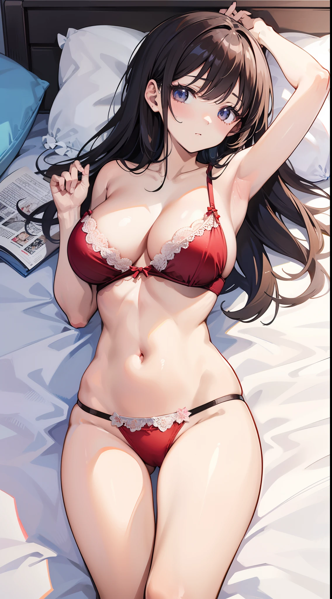 masutepiece、hight resolution、1girl in、in one's underwear only、Light red lingerie、large full breasts、Lying on your back in bed、Cute anime illustration、