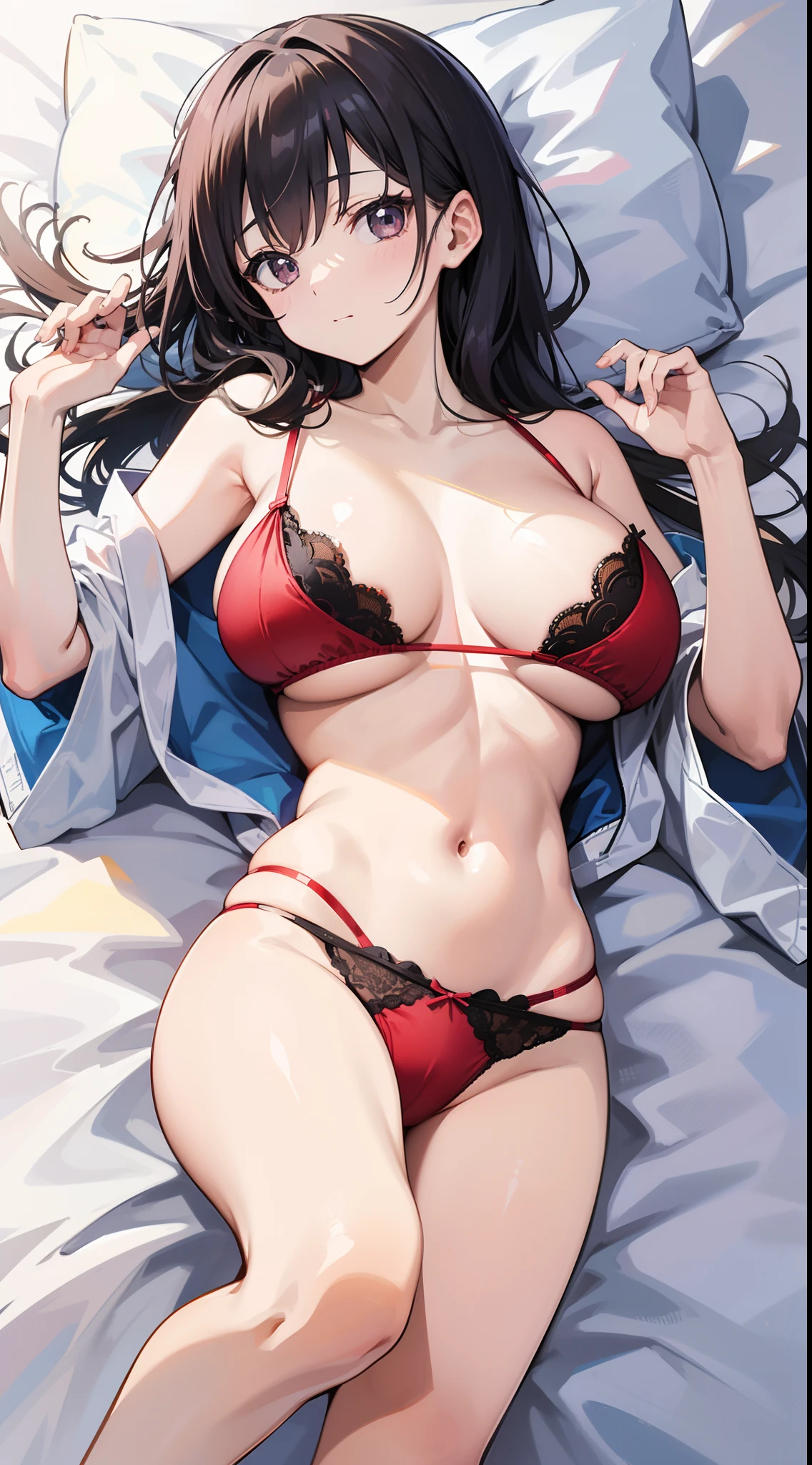 masutepiece、hight resolution、1girl in、in one's underwear only、Light red lingerie、large full breasts、Lying on your back in bed、Cute anime illustration、
