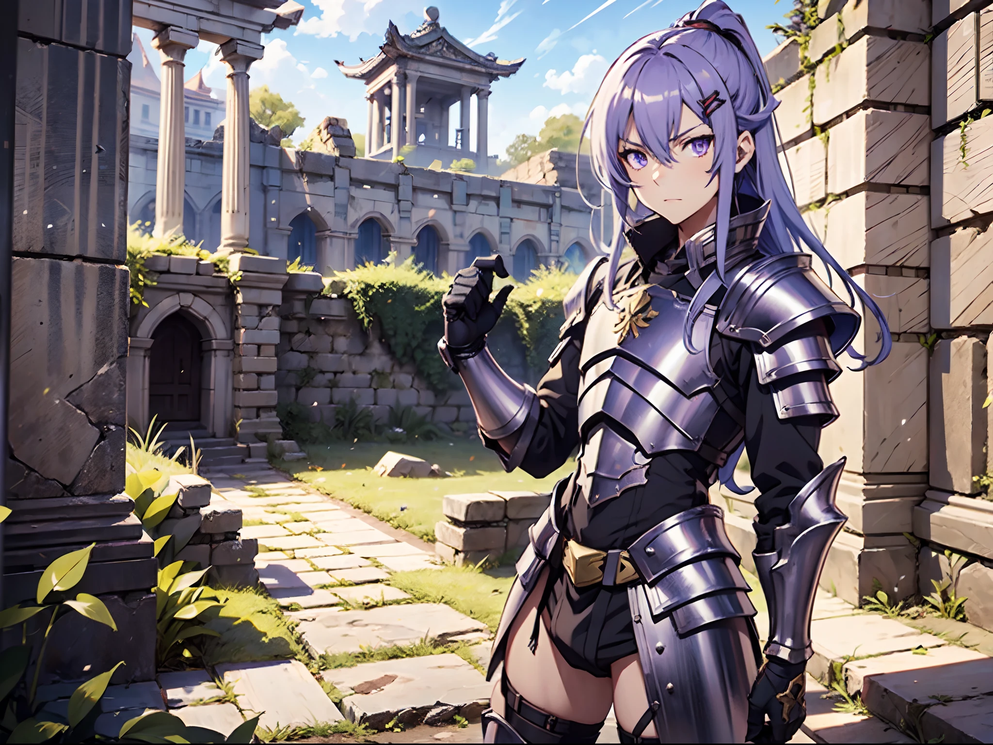 Ultra High Definition, Ultra High Quality, Extremely Detailed, 8k, 1 Boy, Rudeus Greyrat From Mushoku Tensei Anime, Handsome, Armored With War General Armor, Pure Purple Pupil Eyes, Long Haired Tied With Chinese Hairpin, Body To Legs Body Shot, Ancient Ruins Background,