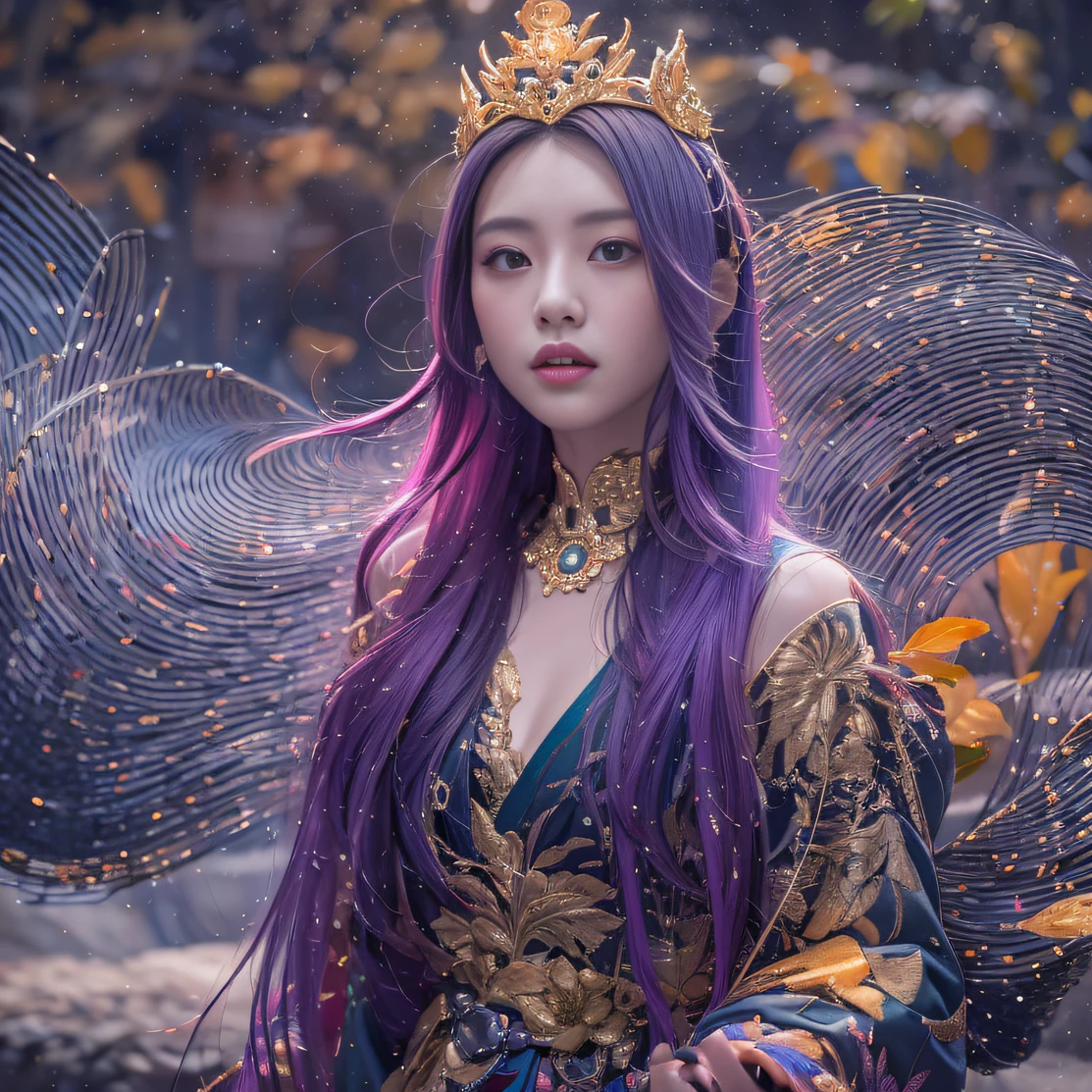 Genki Girl 32K（tmasterpiece，k hd，hyper HD，32K）Long flowing bright purple hair，Autumn Pond，zydink， a color，  Asian people （Genki girl）， （Silk scarf）， Combat posture， looking at the ground， long whitr hair， Floating bright purple， Fire cloud pattern gold tiara， Chinese long-sleeved gold silk garment， （Abstract metaverse splash：1.2）， white backgrounid，Lotus vitality protector（realisticlying：1.4），Bright purple hair，Smoke on the road，The background is pure， A high resolution， the detail， RAW photogr， Sharp Re， Nikon D850 Film Stock Photo by Jefferies Lee 4 Kodak Portra 400 Camera F1.6 shots, Rich colors, ultra-realistic vivid textures, Dramatic lighting, Unreal Engine Art Station Trend, cinestir 800，A girl with long flowing bright purple hair