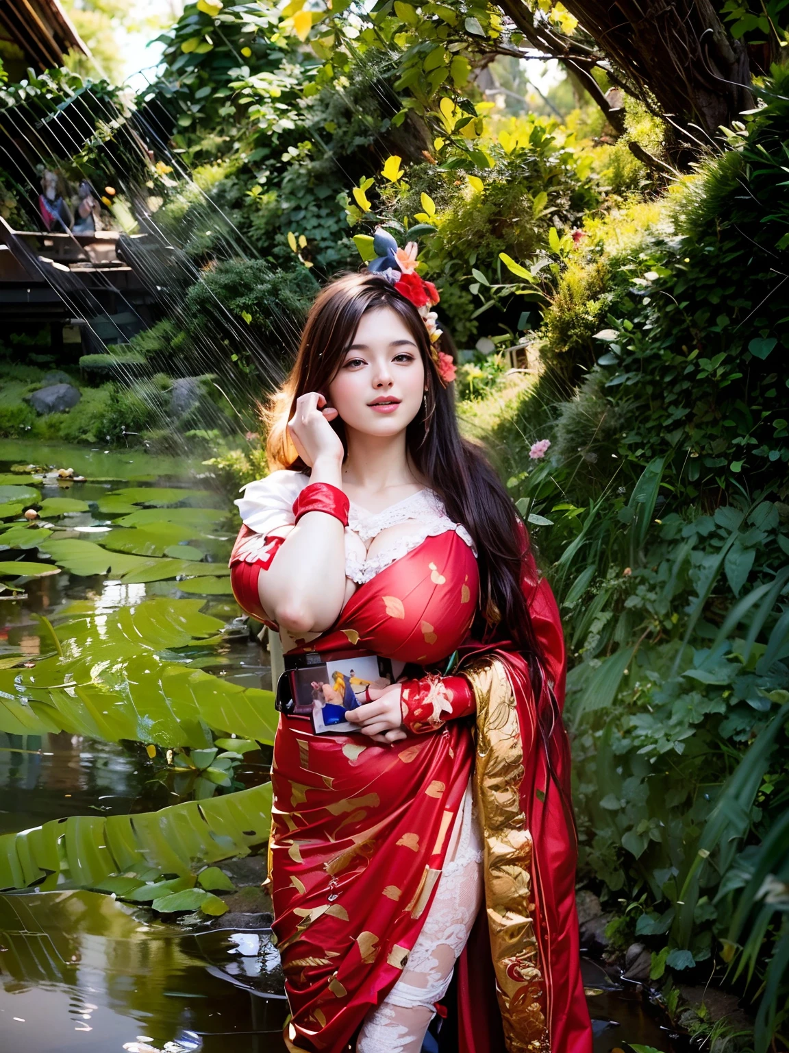 ((1 Young and beautiful girl: 1.4)), (8K, Raw photography, Best Quality, masutepiece: 1.2), high-definition RAW color photography, Professional Photography, Cinematic Light, (Fine face: 1.2), (masutepiece: 1.5), (Highest Quality: 1.2), (Smile: 1.2), ((cleavage: 1.2)), (Beautiful Large Breasts:1.9), Ponytail, an lingerie , (cameltoe details), Spread your legs apart, Pleasure, (the whole body is wet:1.6) Opening Mouth,