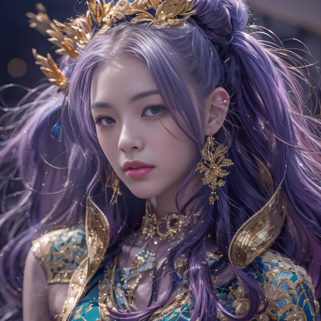 Genki Girl 32K（tmasterpiece，k hd，hyper HD，32K）Long flowing bright purple hair，Autumn Pond，zydink， a color，  Asian people （Genki girl）， （Silk scarf）， Combat posture， looking at the ground， long whitr hair， Floating bright purple， Fire cloud pattern gold tiara， Chinese long-sleeved gold silk garment， （Abstract metaverse splash：1.2）， white backgrounid，Lotus vitality protector（realisticlying：1.4），Bright purple hair，Smoke on the road，The background is pure， A high resolution， the detail， RAW photogr， Sharp Re， Nikon D850 Film Stock Photo by Jefferies Lee 4 Kodak Portra 400 Camera F1.6 shots, Rich colors, ultra-realistic vivid textures, Dramatic lighting, Unreal Engine Art Station Trend, cinestir 800，A girl with long flowing bright purple hair
