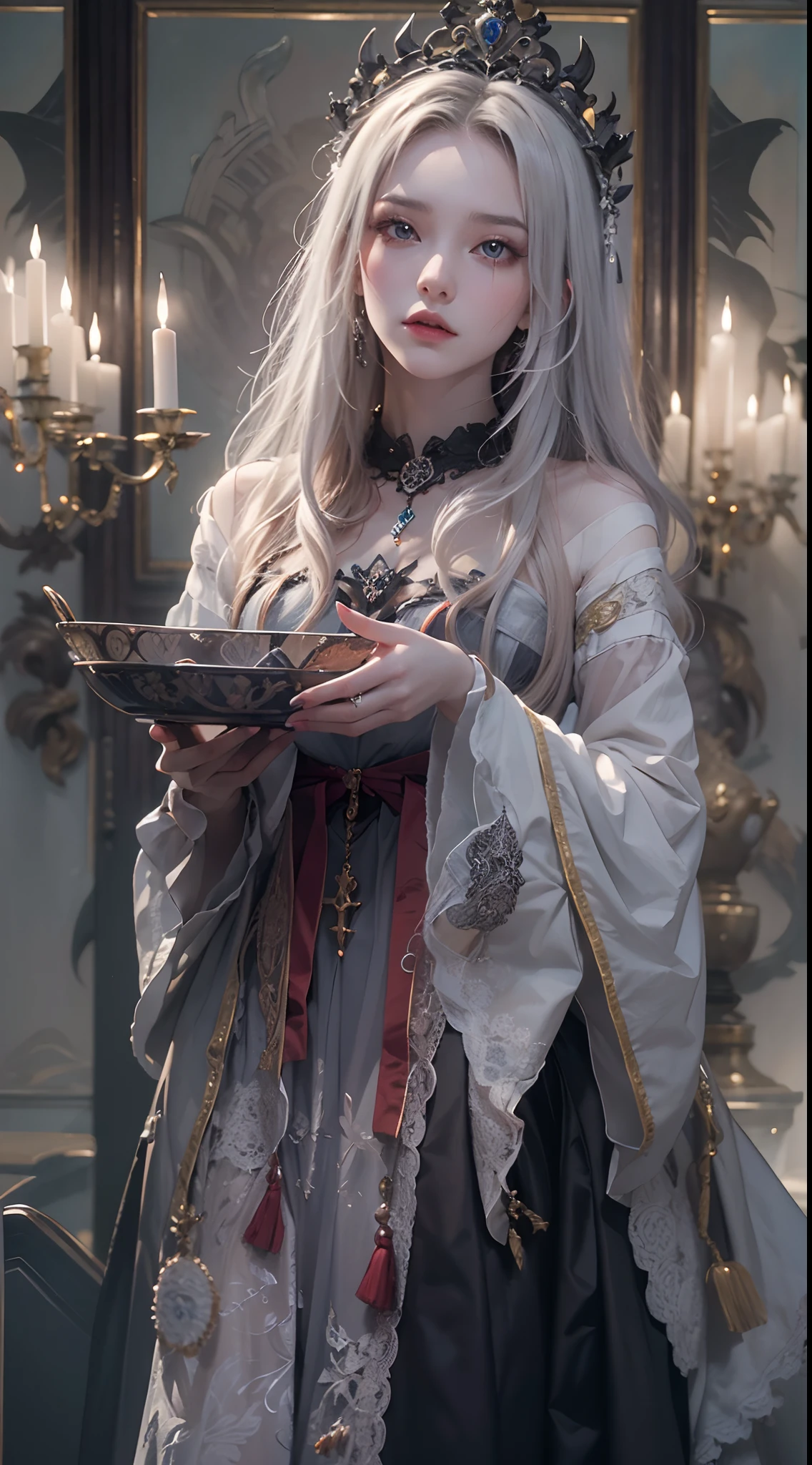 Krenz Kchart Style, ((Beautiful woman with sharp eyes)), ((Works of WLOP、Works by Agnes Cecil : 1.7)), Vampire Princess、Traditional beauty, long braided hairstyle,、 Gothic horror background, solitude、Beautiful fece、Vampire Princess、Room made of pottery and bone、Rays from Heaven、strong contrasts、Foggy space、(delicate illustration : 2.0), masuter piece, awardwinning, Cinematic scene, Evil Research、Dark Spirits and Rituals、 Enchanted World、High-definition photos、
