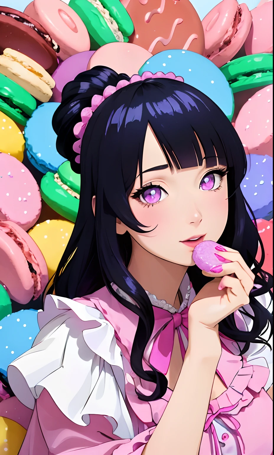 (Masterpiece, best quality:1.3), highly detailed, fantasy, 8k, candyland, dynamic,solo, 2d, faux traditional media, illustration, candy print, updo, curls, pose, beautiful girl, head tilt, sitting, in container, long hair, curls, looking at viewer, naughty face,  (detailed eyes, detailed face), (candy clothing:1.1), frilled skirt, center frills, heels, (shiny),  (details), perfect, beautiful, dreamy, heart, colorful, vivid, cinematic, pinup:0.2, ultra-detailed, full background, [hyperrealistic:0.2], perfect hands, fantasy, (depth of field),  rainbow, syrup, cookie, macaron, chocolate bar, glitter, scenery, ((no humans)), drizzle, beautiful, (shiny:1.2), various colors, extremely detailed, (gradients), dripping, (glaze), bloom:0.2, shadow, ((food focus)), focus face, sharp focus, beads,Blunt Bangs, purple eyes, long dark blue hair
