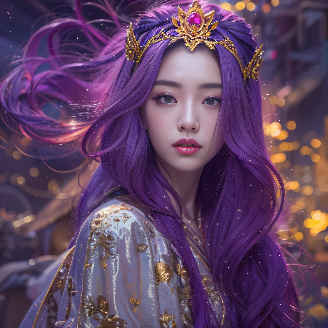 Genki Girl 32K(tmasterpiece,k hd,hyper HD,32K)Long flowing bright purple hair,Autumn Pond,zydink, a color, Asian people (Genki girl), (Silk scarf), Combat posture, looking at the ground, long whitr hair, Floating bright purple, Fire cloud pattern gold tiara, Chinese long-sleeved gold silk garment, (Abstract metaverse splash:1.2), white backgrounid,Lotus vitality protector(realisticlying:1.4),Bright purple hair,Smoke on the road,The background is pure, A high resolution, the detail, RAW photogr, Sharp Re, Nikon D850 Film Stock Photo by Jefferies Lee 4 Kodak Portra 400 Camera F1.6 shots, Rich colors, ultra-realistic vivid textures, Dramatic lighting, Unreal Engine Art Station Trend, cinestir 800,A girl with long flowing bright purple hair