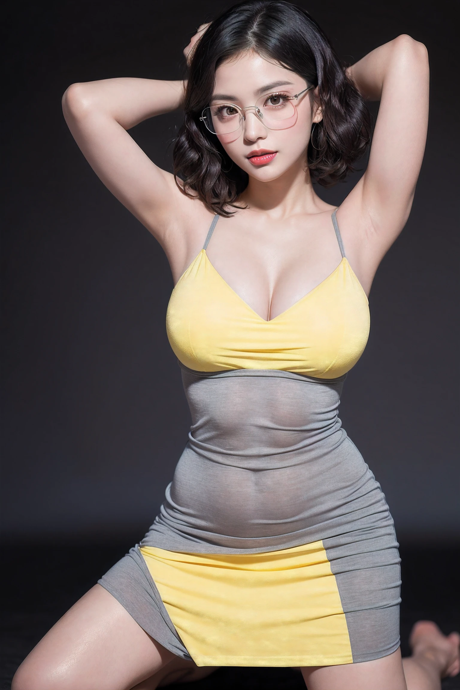 (((1curly short hair girl:1.3, solo))), a extremely close up face image of extremely pretty and beautiful Japanese woman wearing a glasses, (((Symmetry:1.5, centered image:1.5))), (1 with an emphasized enchanting cleavage: Composition of 1), (extremely close up face image:1.5), (sexy model), professional attire, (22 years old: 1.1), (from below:1.3), (low angle:1.3), (kneeling:1.5), ((girl on top:1.5)), ((arms up:1.3)), (arms behind back on head:1.3), (attractive random posing:1.3), break, (curly short hair:1.3), (shiny-black thin hair:1.2), (wavy messy hair:1.3), (curly inside:1.3), bangs, wind, floating hair, dark brown eyes, beautiful eyes, princess eyes, bangs, Hair between eyes, short hair:1.3, curby, abs, perfect abs, (gigantic-breasts:1.5, sagging breasts:1.5, disproportionate breasts:1.5), (thin waist: 1.15, abs:0.95), (detailed beautiful girl: 1.4), Parted lips, Red lips, full-make-up face, (shiny skin), ((Perfect Female Body)), (Upper Body Image:1.3), Perfect Anatomy, Perfect Proportions, (most beautiful Korean actress face:1.3, extremely cute and beautiful Japanese actress face:1.3, seductive light smile, happy, BREAK, (bare shoulder, Chest squeezed together, View viewer, (chest-bold-open elegant cotton yellow camisole onepiece dress:1.3), detailed clothes, (wearing a glasees:1.3), BREAK, (simple dark-grey background:1.2), (dark background), (Studio soft lighting: 1.3), (fake lights: 1.3), (backlight: 1.3), BREAK, (Realistic, Photorealistic: 1.37), (Masterpiece, Best Quality: 1.2), (Ultra High Resolution: 1.2), (RAW Photo: 1.2), (Sharp Focus: 1.3), (Face Focus: 1.2), (Ultra Detailed CG Unified 8k Wallpaper: 1.2), (Beautiful Skin: 1.2), (pale Skin: 1.3), (Hyper Sharp Focus: 1.5), (Ultra Sharp Focus: 1.5), (Beautiful pretty face: 1.3), (super detailed background, detail background: 1.3), Ultra Realistic Photo, Hyper Sharp Image, Hyper Detail Image,
