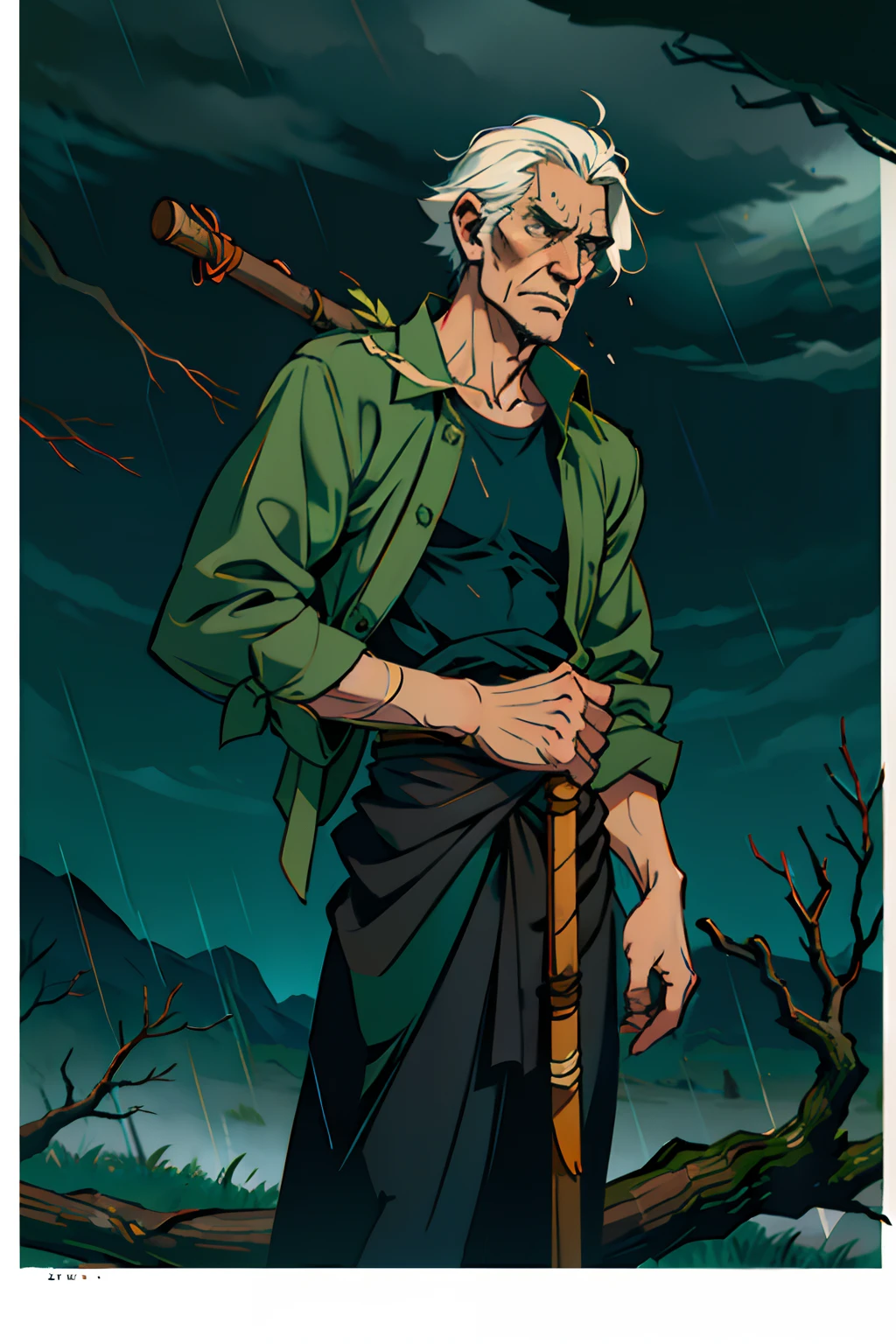 A skinny old man with a cane, exhausted from running, stopping to catch his breath, hanging on to a tree branch, background is dead trees, dark clouds, raining, mood is gloomy, depressed, fatigued, character design.