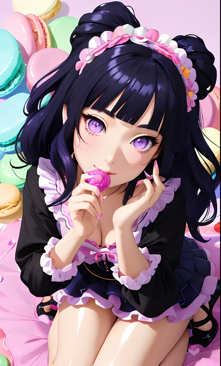 (Masterpiece, best quality:1.3), highly detailed, fantasy, 8k, candyland, dynamic,solo, 2d, faux traditional media, illustration, candy print, updo, curls, pose, beautiful girl, head tilt, sitting, in container, long hair, curls, looking at viewer, naughty face,  (detailed eyes, detailed face), (candy clothing:1.1), frilled skirt, center frills, heels, (shiny),  (details), perfect, beautiful, dreamy, heart, colorful, vivid, cinematic, pinup:0.2, ultra-detailed, full background, [hyperrealistic:0.2], perfect hands, fantasy, (depth of field),  rainbow, syrup, cookie, macaron, chocolate bar, glitter, scenery, ((no humans)), drizzle, beautiful, (shiny:1.2), various colors, extremely detailed, (gradients), dripping, (glaze), bloom:0.2, shadow, ((food focus)), focus face, sharp focus, beads,Blunt Bangs, purple eyes, long dark blue hair