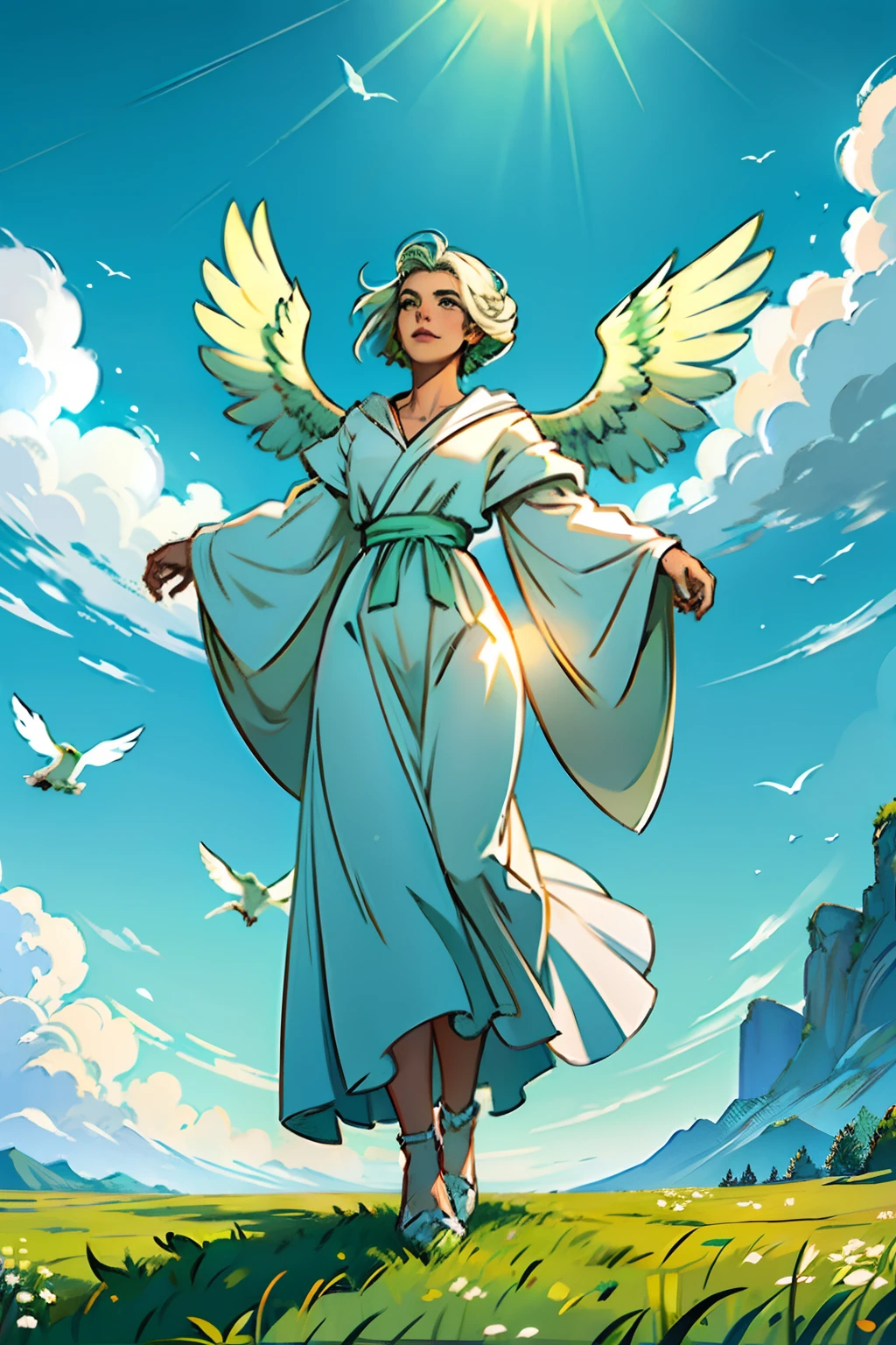 A woman, in an open field, wearing a white diaphanous gown, being lifted up to heaven, background is green grassy field, with two white birds flying away, mood is emancipation, liberation, jubilation, daytime light, character design.