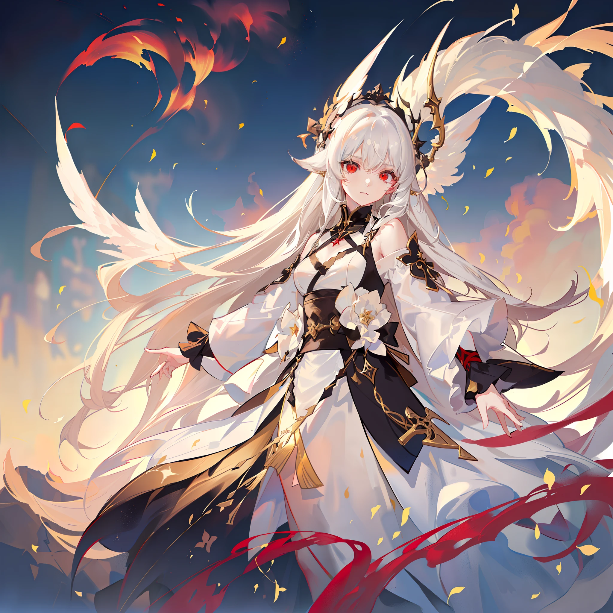 Black and white winged angel,Long pale yellow hair to the waist,Long flowing hair,Dark red eyes,long sword。The eyes are deep and bright,It's like two stars,Reveal firmness and wisdom,She wore a black and white robe,The sleeves are slightly fluttering in the wind