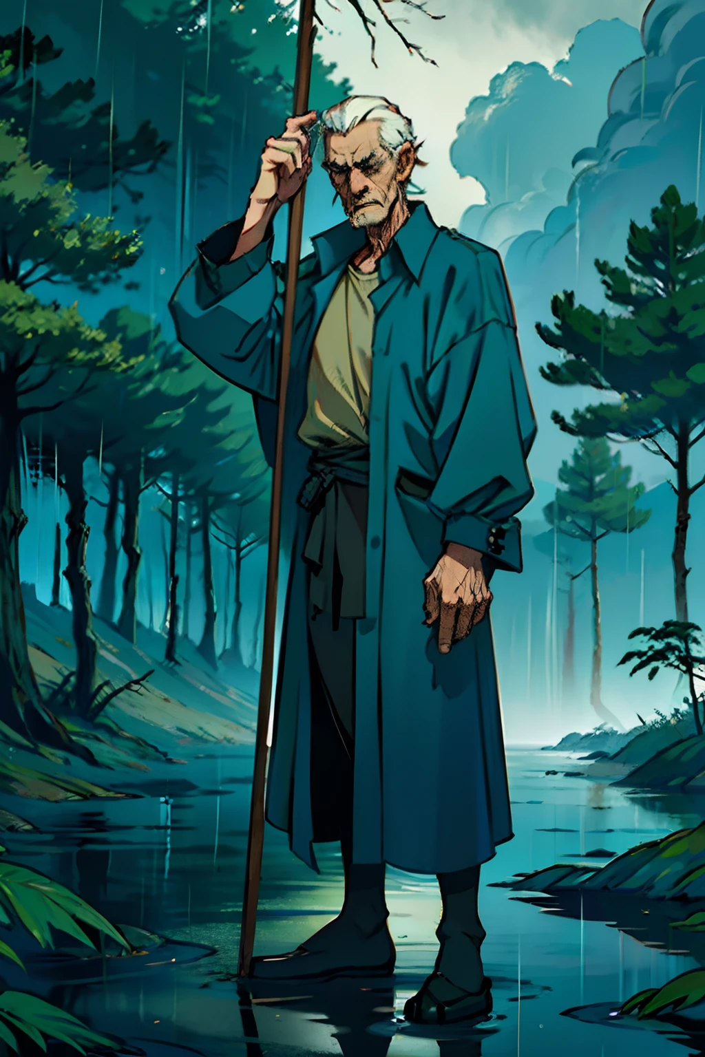A skinny old man with a cane, exhausted from running, stopping to catch his breath, hanging on to a tree branch, background is dead trees, dark clouds, raining, mood is gloomy, depressed, fatigued, character design.