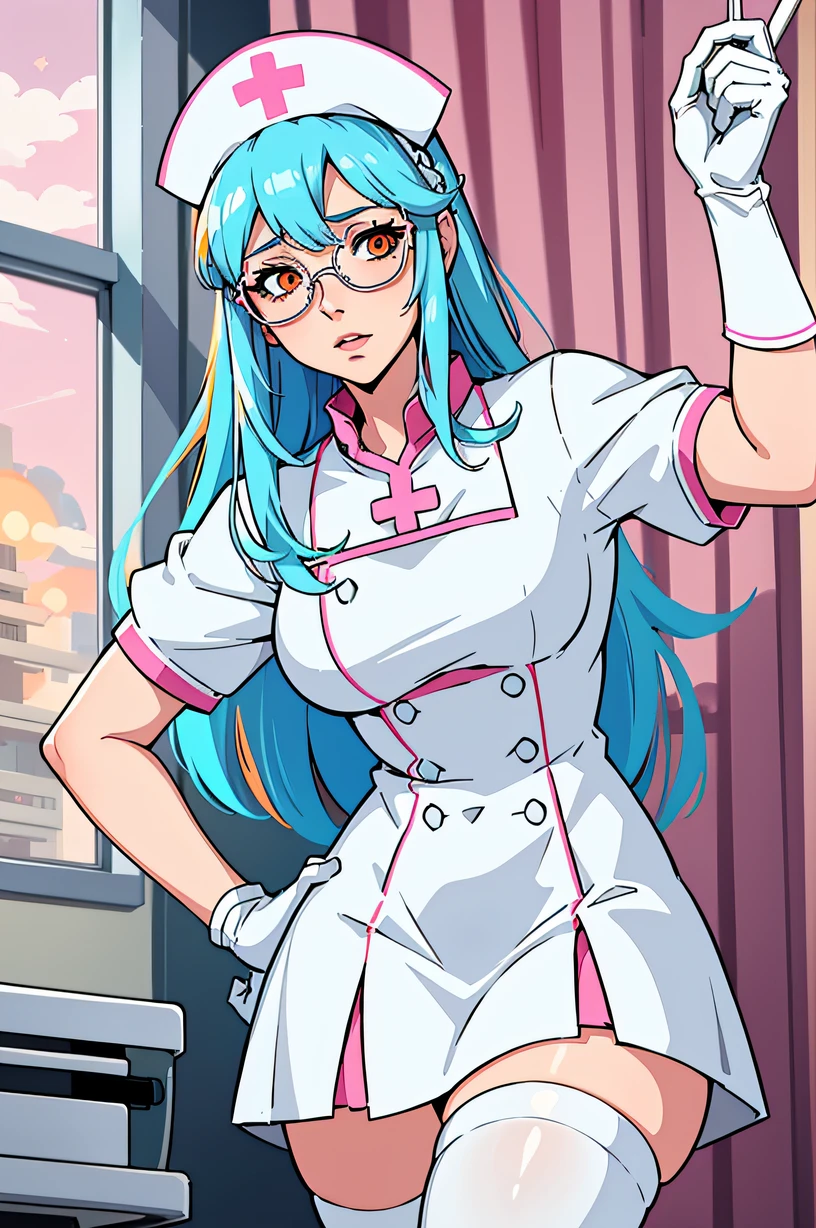 1woman, nurse, nurse cap, white wear, ((white legwear, zettai ryouiki)), white gloves, glasses, blue hair, orange eyes, pink lips, standing, ((hospital room)), sharp outline, short sleeves, mature female, 35 years old, best quality, masterpiece