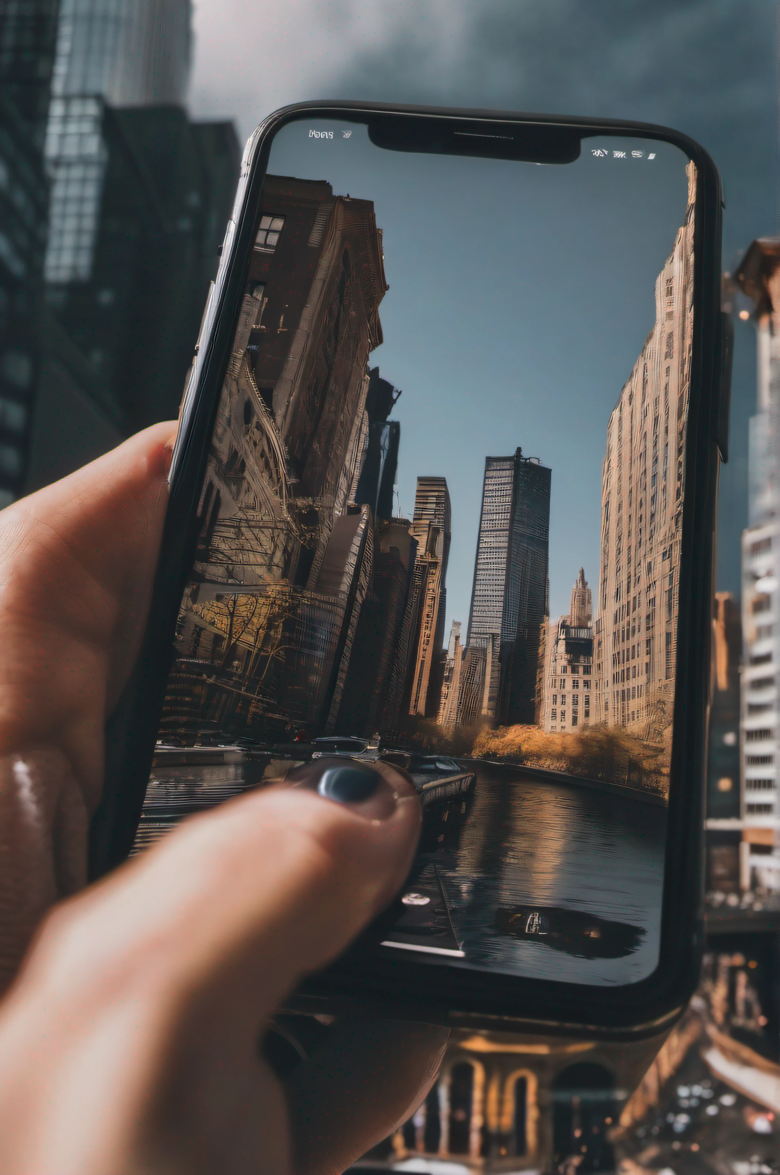 person holding an iphone with a picture of New York, realistic, minimalist, realistic, studyblr, captured with [a Nikon D850(camera)] and [a Nikkor 24-120mm f/4G ED VR lens (lens)]