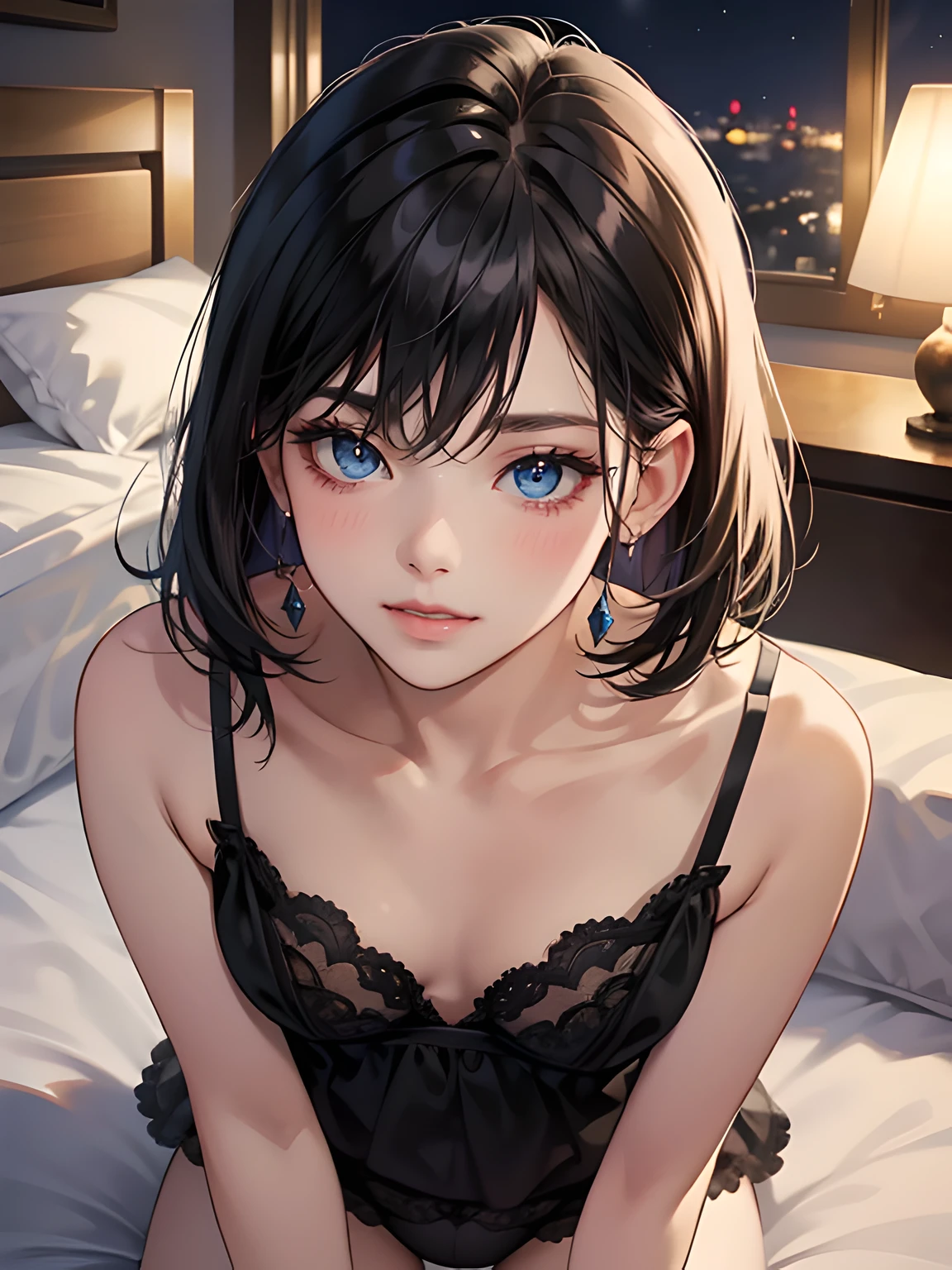 mature woman, small breasts, black short hair with fringe, night dress (lingerie) (choket at thigh), blue eyes, coral lips color, shy smile, shy, blush, naughty face, laying on bed, Surrealism, anime style, depth of field, 8k, super detail, high details, Cinematic lighting, night time, shadow over face, Close-up, hyper HD, Masterpiece, High details,detailed light, detailed shadow, detailed background.